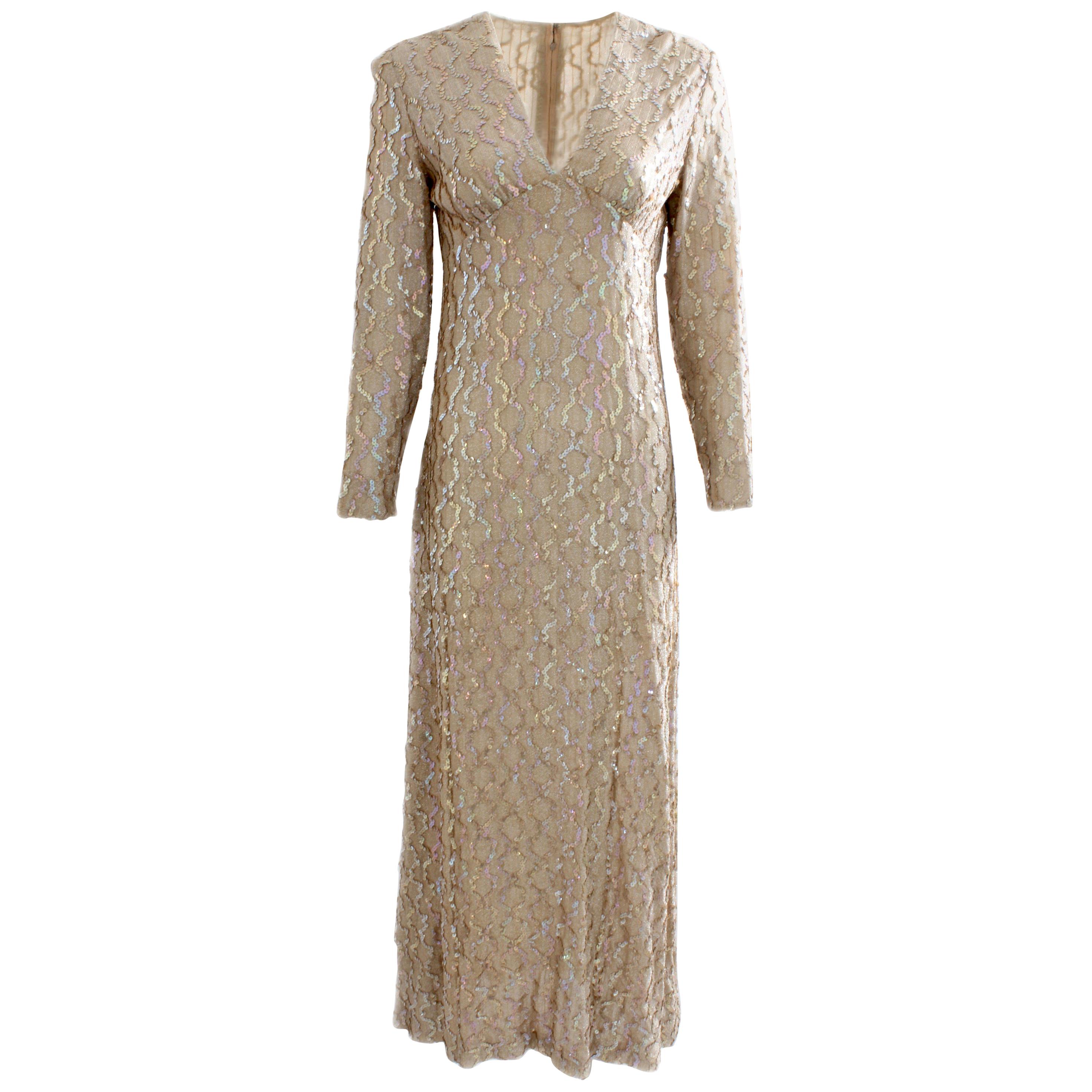 60s Jack Bryan by Dupuis Gold Evening Gown with Sequins Formal Long Dress S For Sale