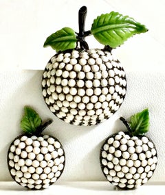 60'S Japanned Milk Glass Forbidden Fruit Brooch & Earrings S/3 By, Hollycraft