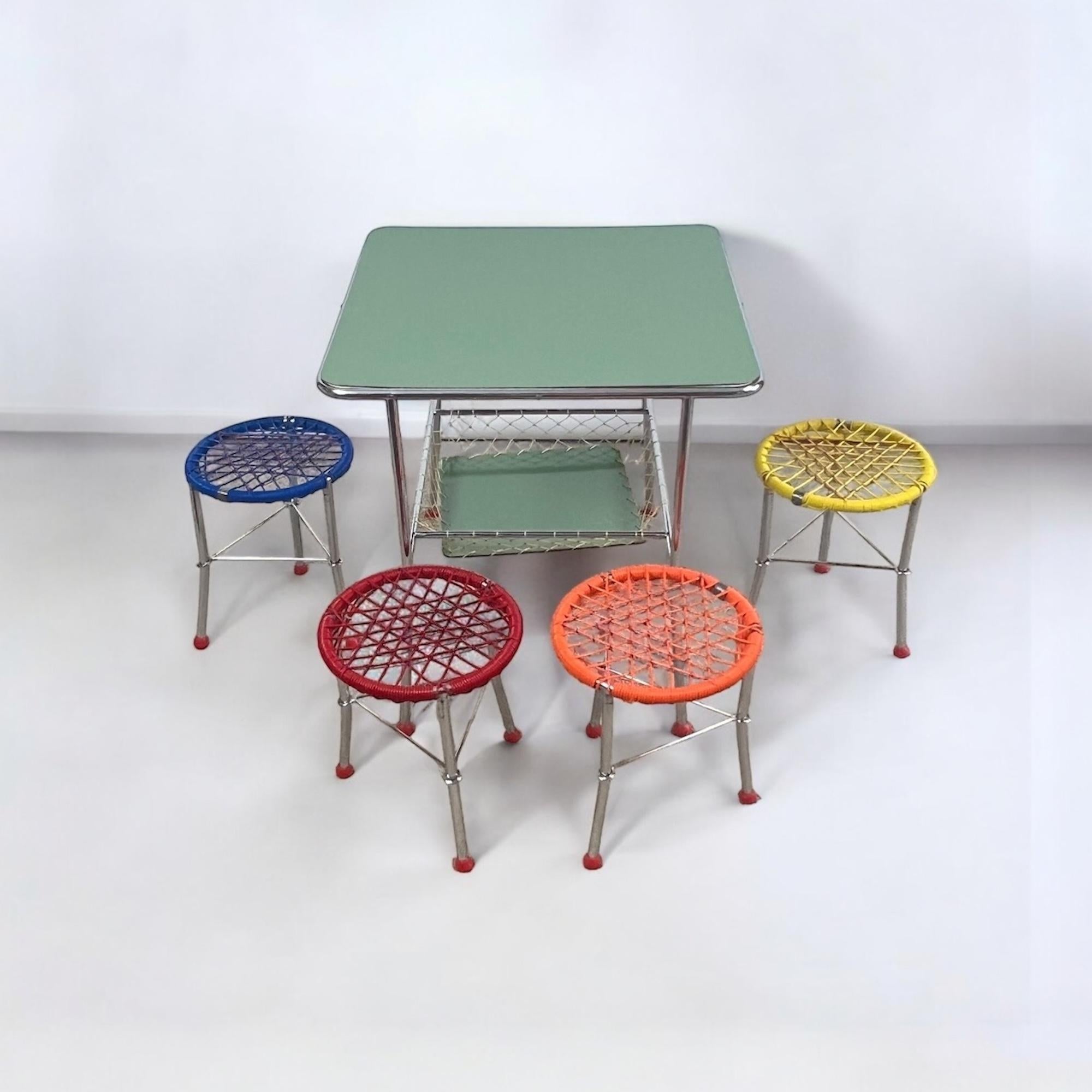 European 60s Kids Table with 4 Colourful Folding Chairs – Vintage Children Furniture Set For Sale