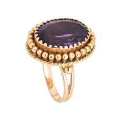 60s Large Amethyst Ring Vintage 14k Yellow Gold Oval Cocktail Jewelry Sz 7.5