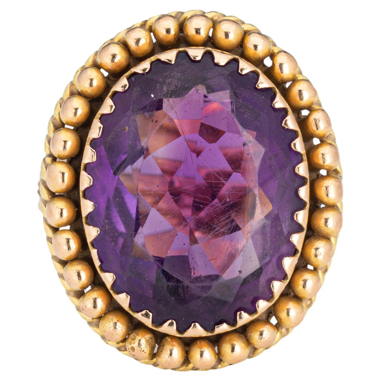 60s Large Amethyst Ring Vintage 14k Yellow Gold Oval Cocktail Jewelry Sz 7.5