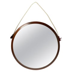 60s Large Teak Wall Mirror with Thick Rope Made of Natural Fiber Made in Italy