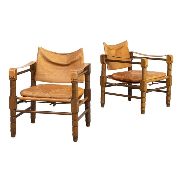 60s Leather and Wooden Safari Chairs Set/2 For Sale at 1stDibs