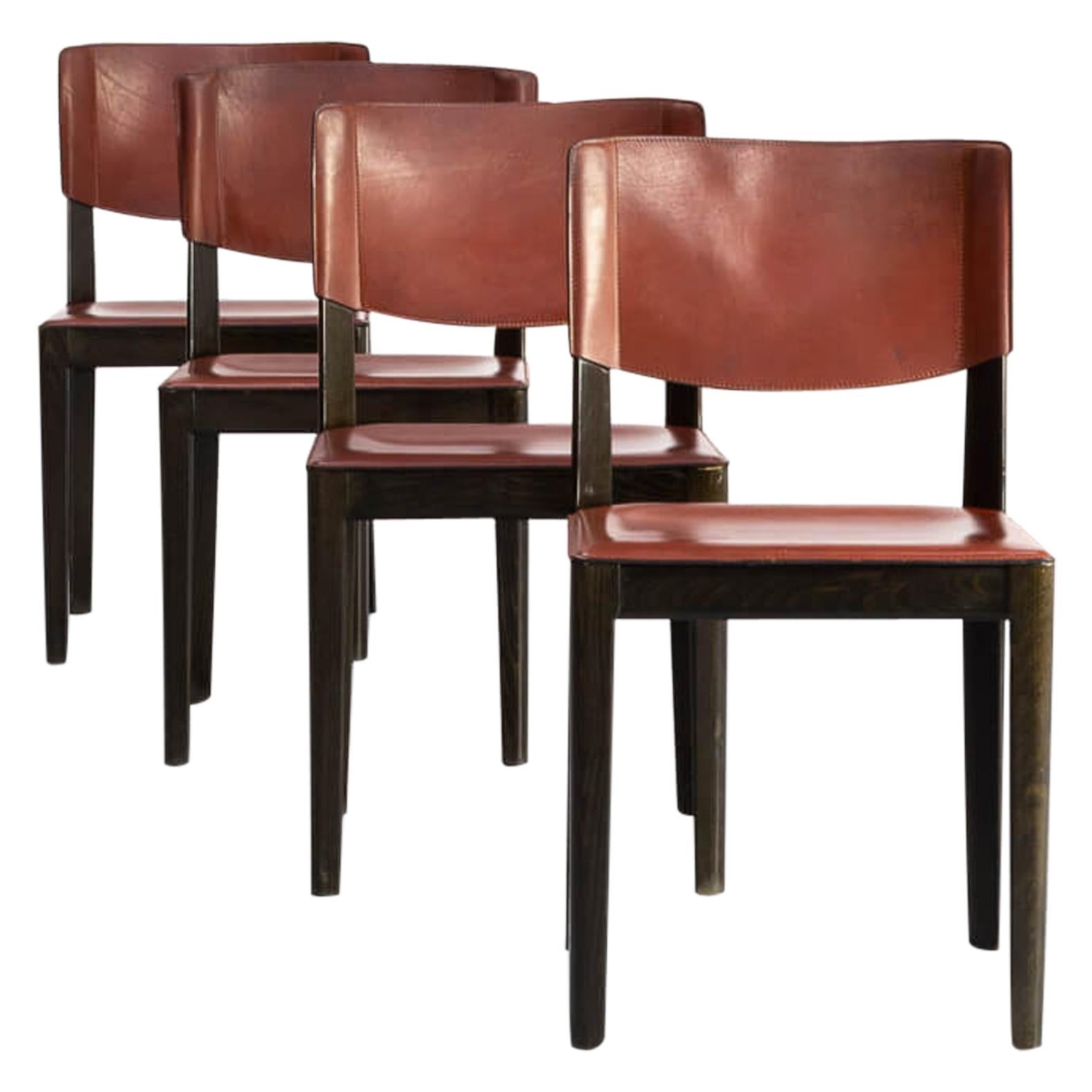 1960s Leather Dining Chairs on Wooden Feet for Matteo Grassi Set of 4 For Sale
