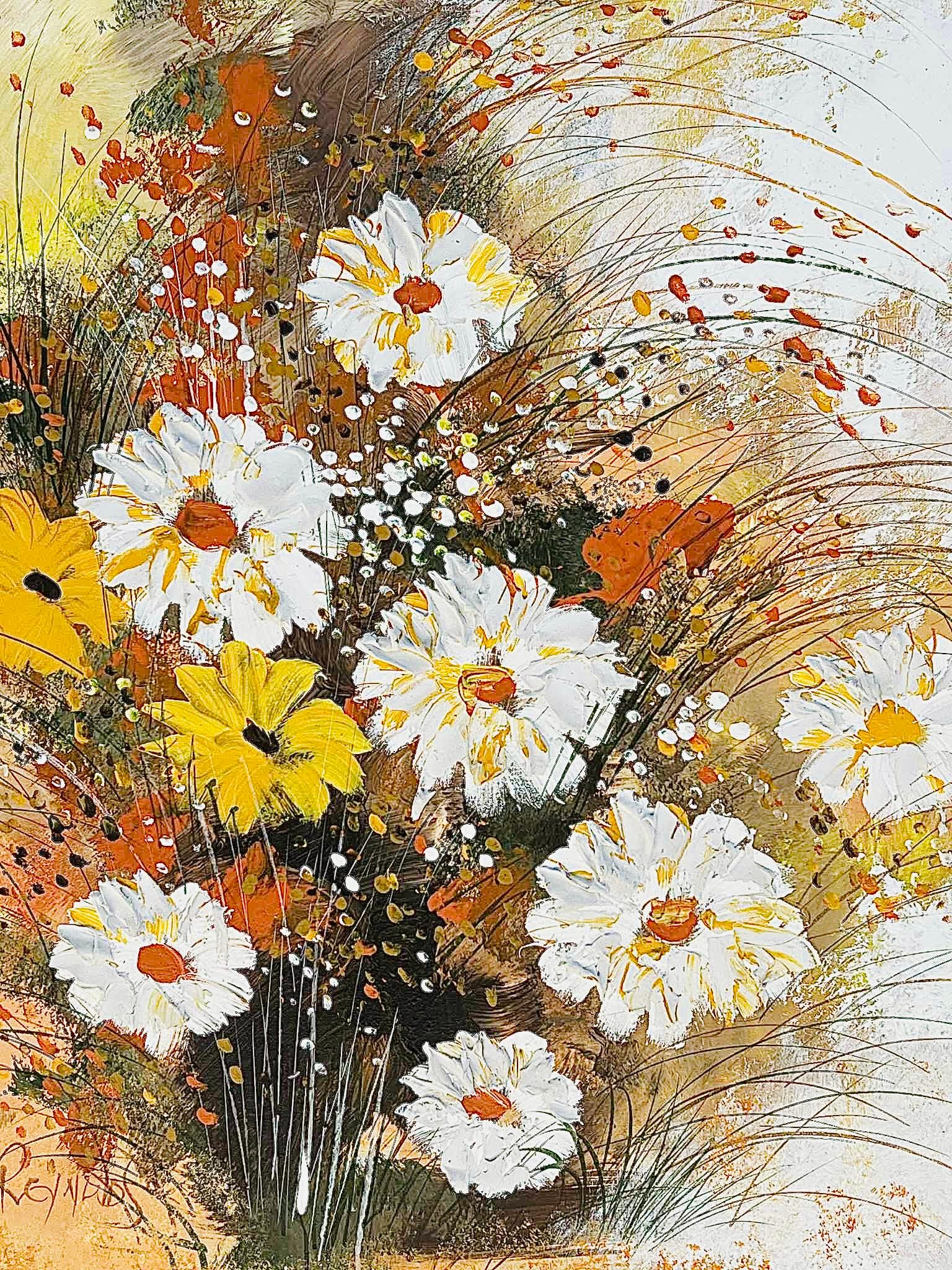 Original, Vintage, Lee Reynolds signiert,  Mid Century Modernes Ölgemälde mit farbenfrohen, abstrakten, gelben, weißen und orangefarbenen Wildblumen, hervorgehoben durch Sprays von lebhaften gepunkteten Strukturfarben. 

Originaler Rahmen. 
Signiert