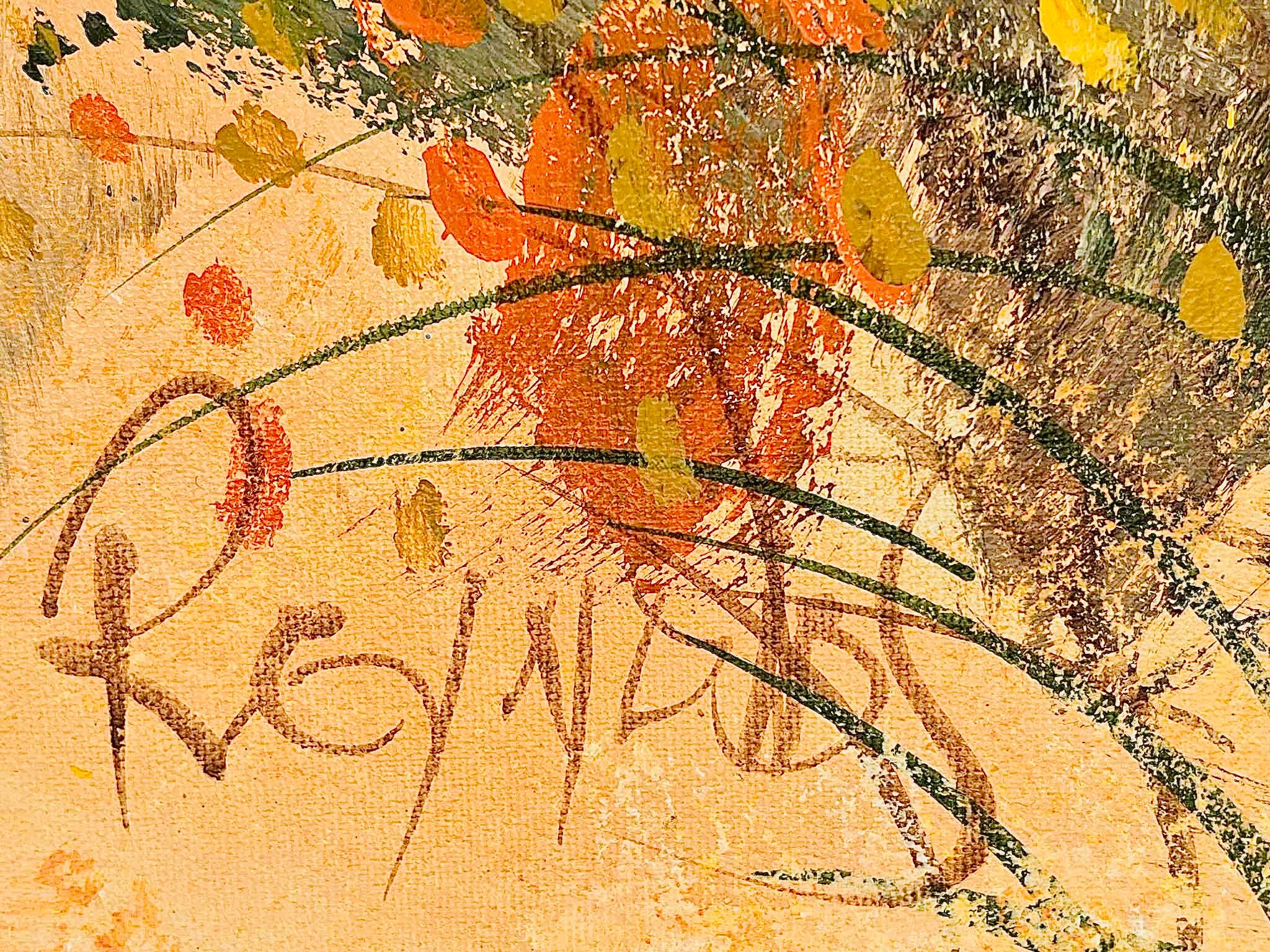 60s Lee Reynolds Vintage Mid Century Modern Abstrakt Floral Ölgemälde Gerahmt (Metall) im Angebot
