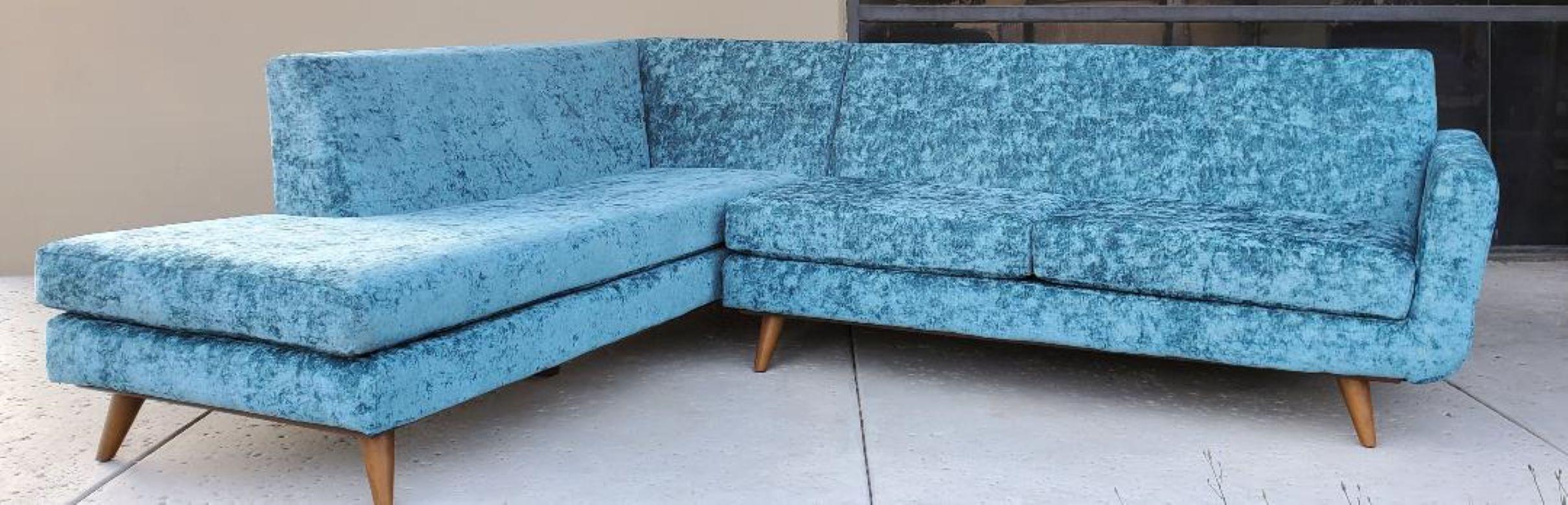 60s Low Slung Style Sectional Tapered Legs Aqua Green Crushed Velvet Upholstery For Sale 4