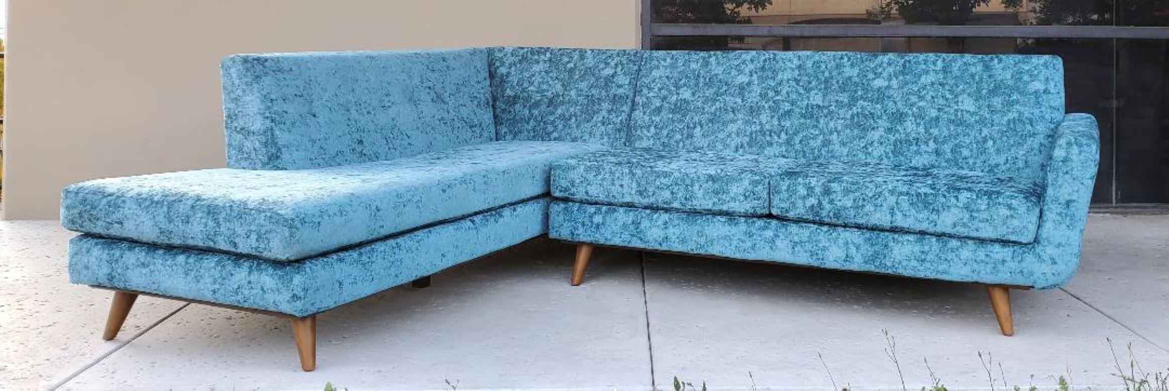 60s Low Slung Style Sectional Tapered Legs Aqua Green Crushed Velvet Upholstery For Sale 5
