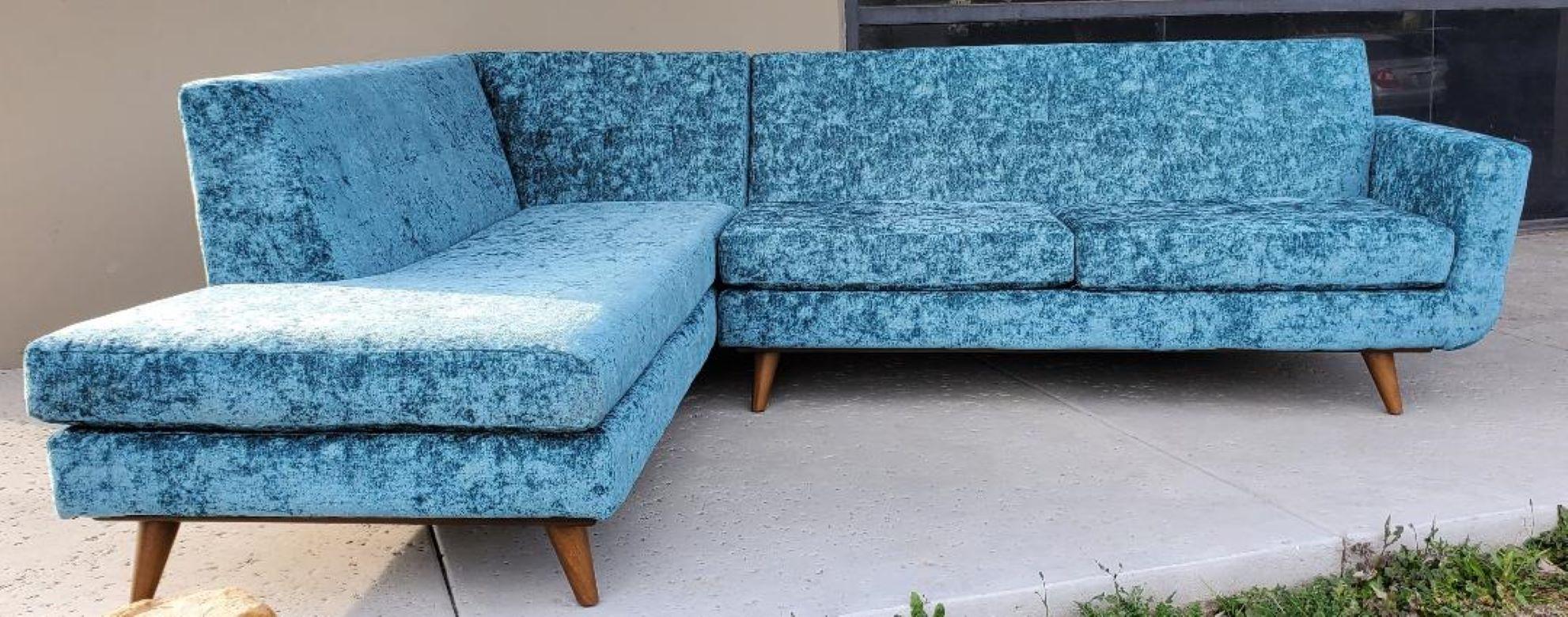 Mid-Century Modern 60s Low Slung Style Sectional Tapered Legs Aqua Green Crushed Velvet Upholstery For Sale