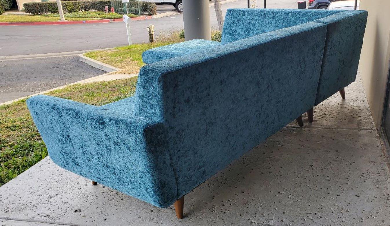 Contemporary 60s Low Slung Style Sectional Tapered Legs Aqua Green Crushed Velvet Upholstery For Sale