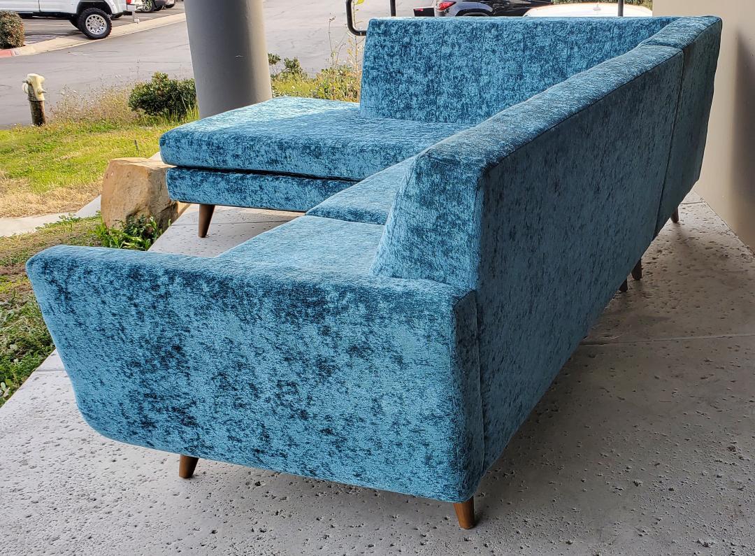 60s Low Slung Style Sectional Tapered Legs Aqua Green Crushed Velvet Upholstery For Sale 1