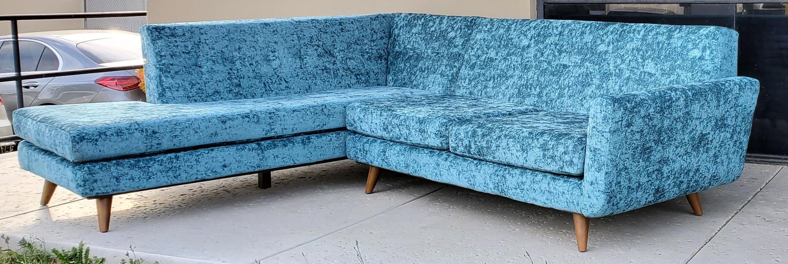 60s Low Slung Style Sectional Tapered Legs Aqua Green Crushed Velvet Upholstery For Sale 2
