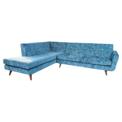 60s Low Slung Style Sectional Tapered Legs Aqua Green Crushed Velvet Upholstery