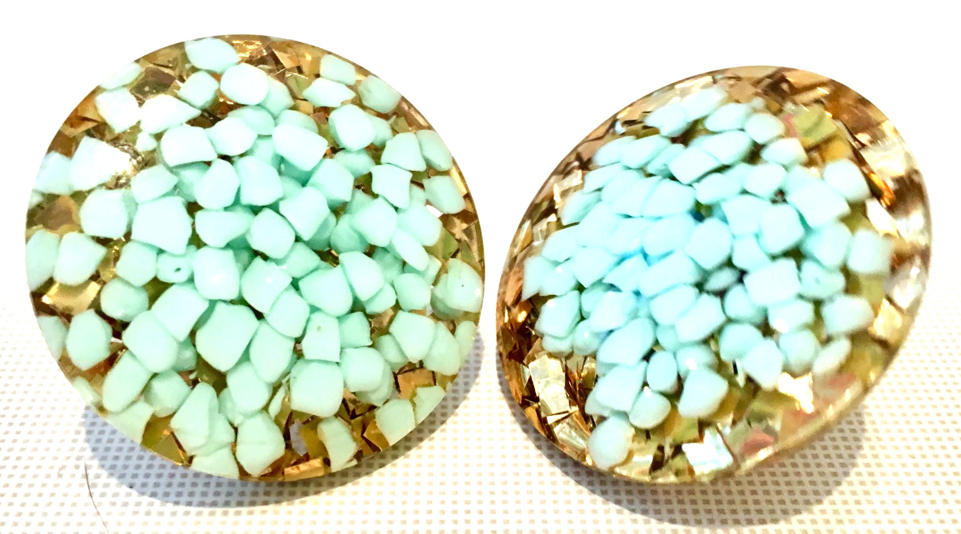 Women's or Men's 60'S Lucite Gold & Aqua Fleck Confetti Earrings For Sale