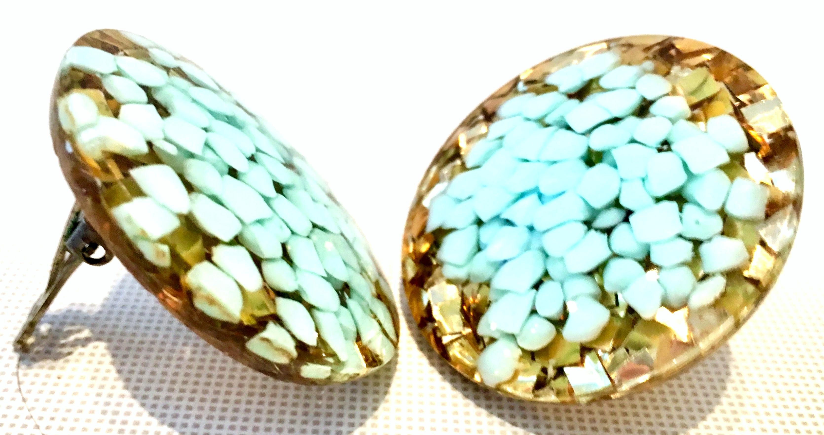 60'S Lucite Gold & Aqua Fleck Confetti Earrings For Sale 1