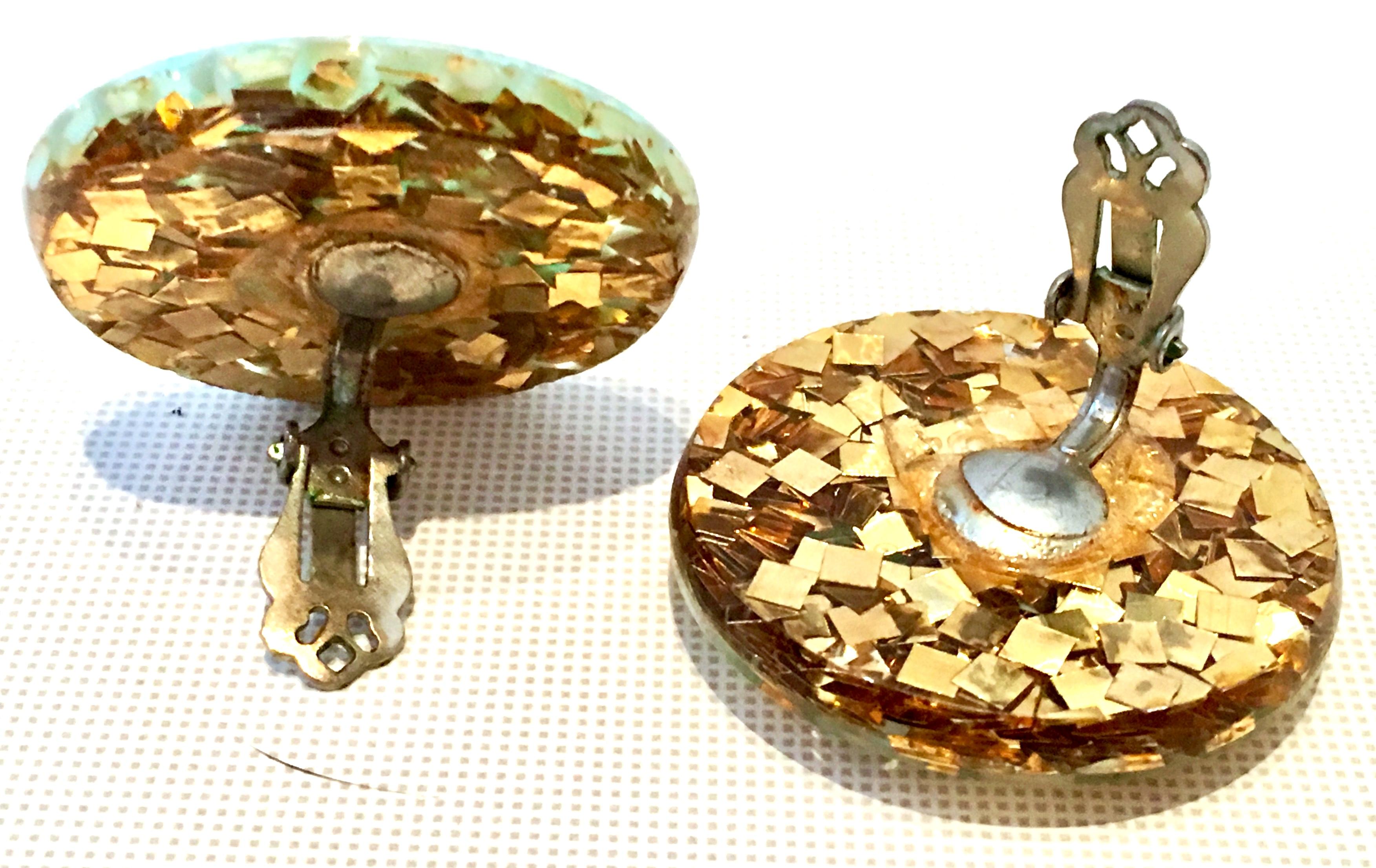 60'S Lucite Gold & Aqua Fleck Confetti Earrings For Sale 4