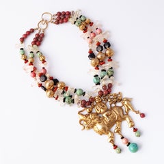 60s Massive Gemstone Beaded Statement Necklace w/ Chinese Dragon Rider Medallion
