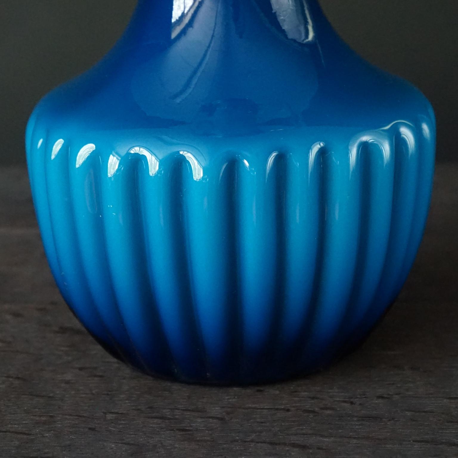 60s MCM Italian Blue Cased Empoli Glass Pitcher and Tent Lidded Apothecary Jars For Sale 7