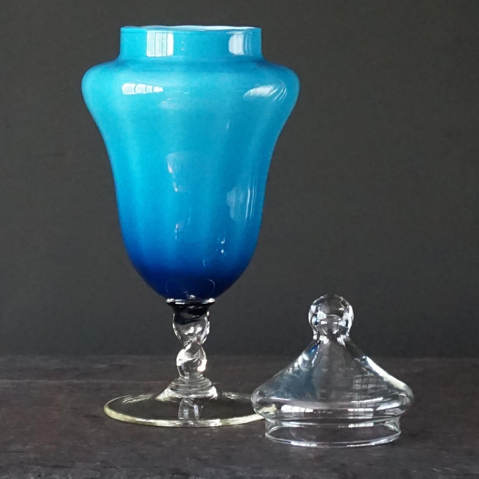 60s MCM Italian Blue Cased Empoli Glass Pitcher and Tent Lidded Apothecary Jars 8