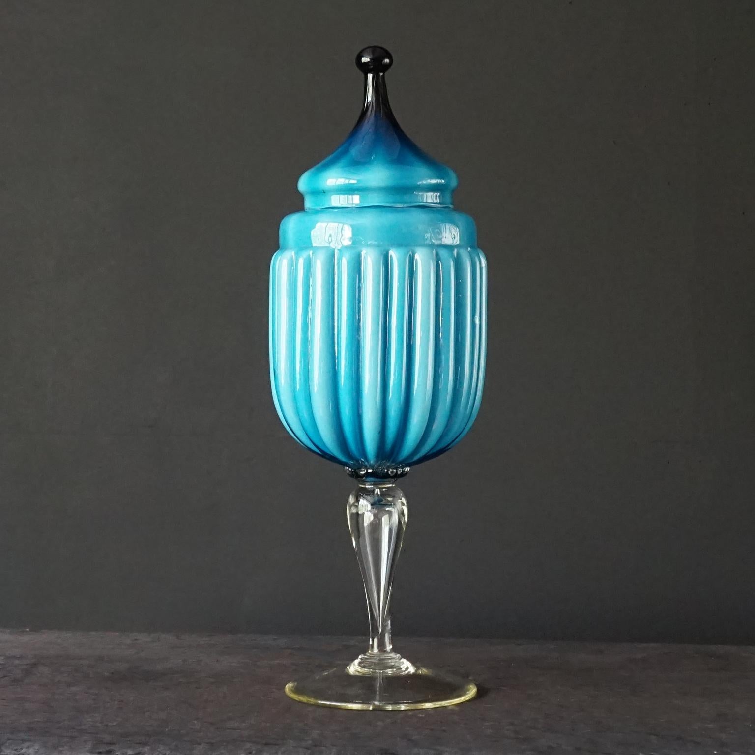 Mid-Century Modern 60s MCM Italian Blue Cased Empoli Glass Pitcher and Tent Lidded Apothecary Jars