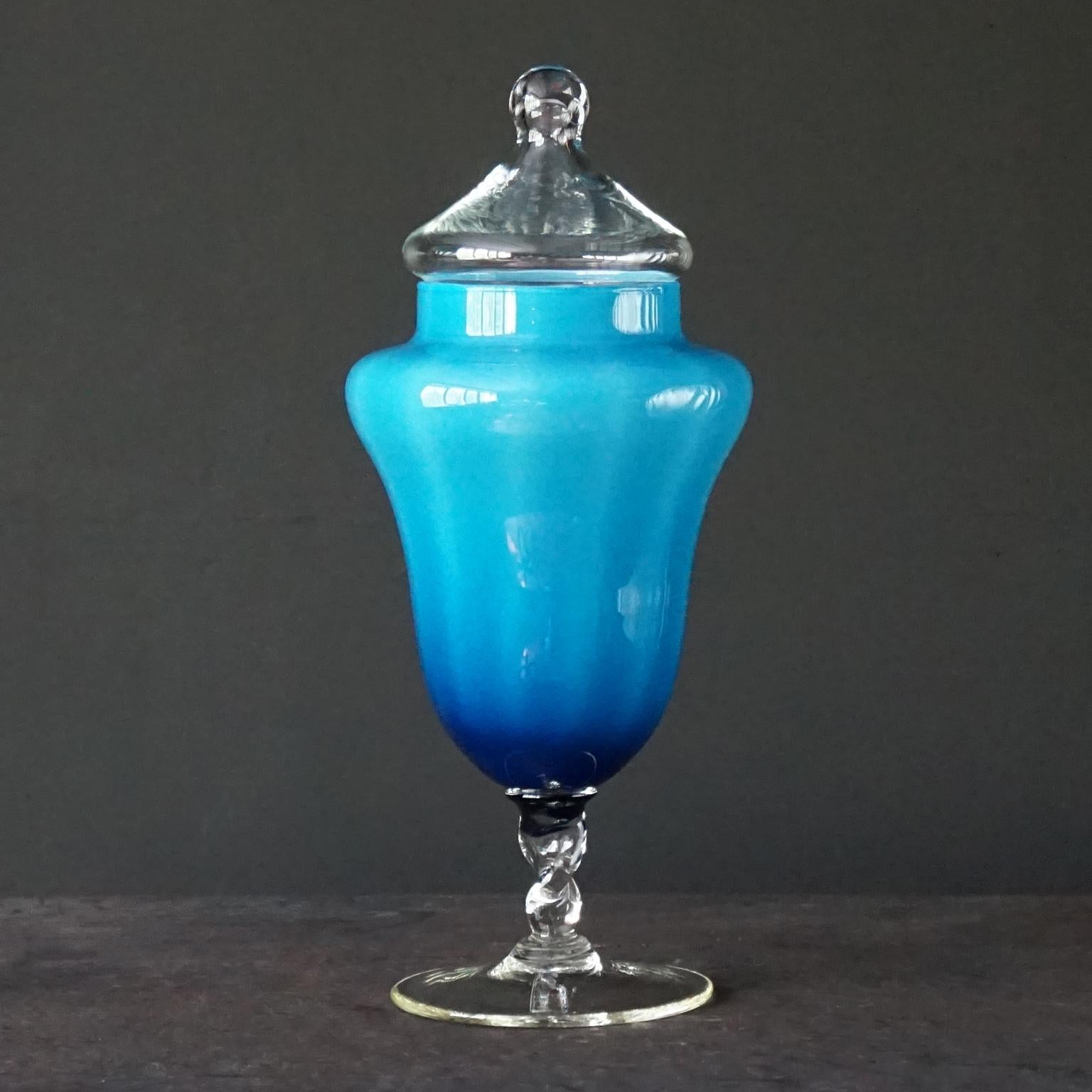 Mid-20th Century 60s MCM Italian Blue Cased Empoli Glass Pitcher and Tent Lidded Apothecary Jars