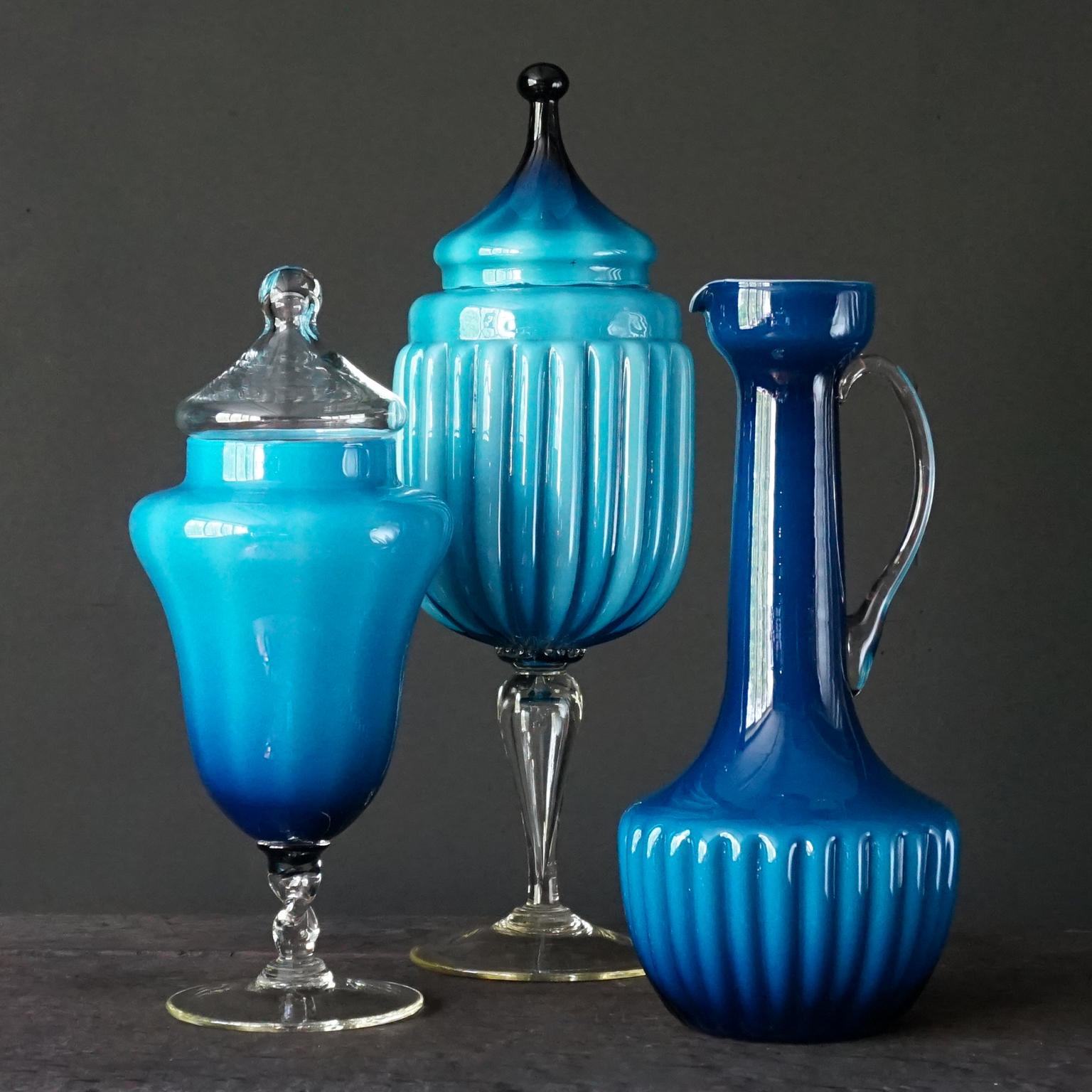 Art Glass 60s MCM Italian Blue Cased Empoli Glass Pitcher and Tent Lidded Apothecary Jars For Sale