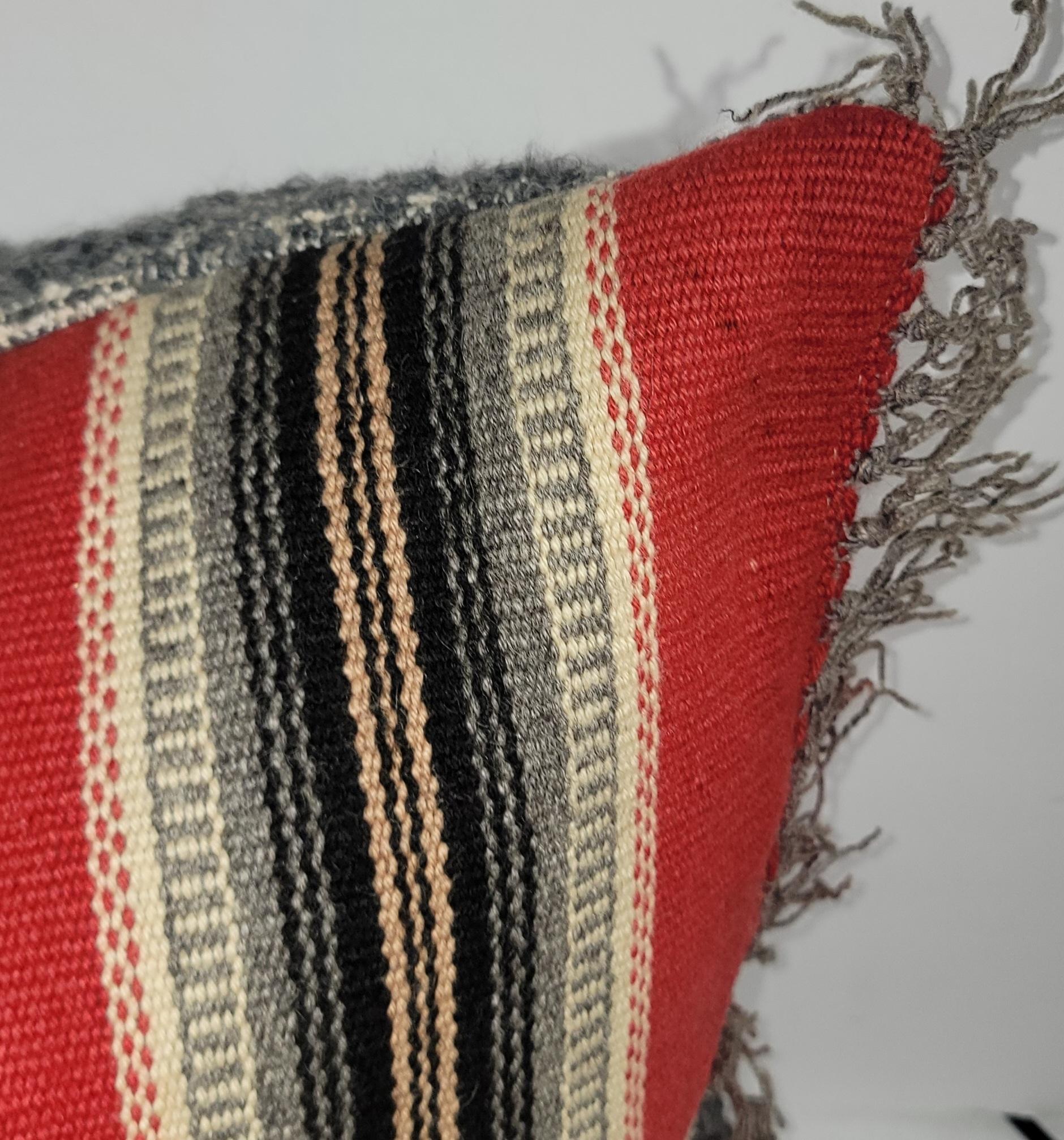 Adirondack 60s Mexican Indian Serape Fringed Wool Pillow For Sale