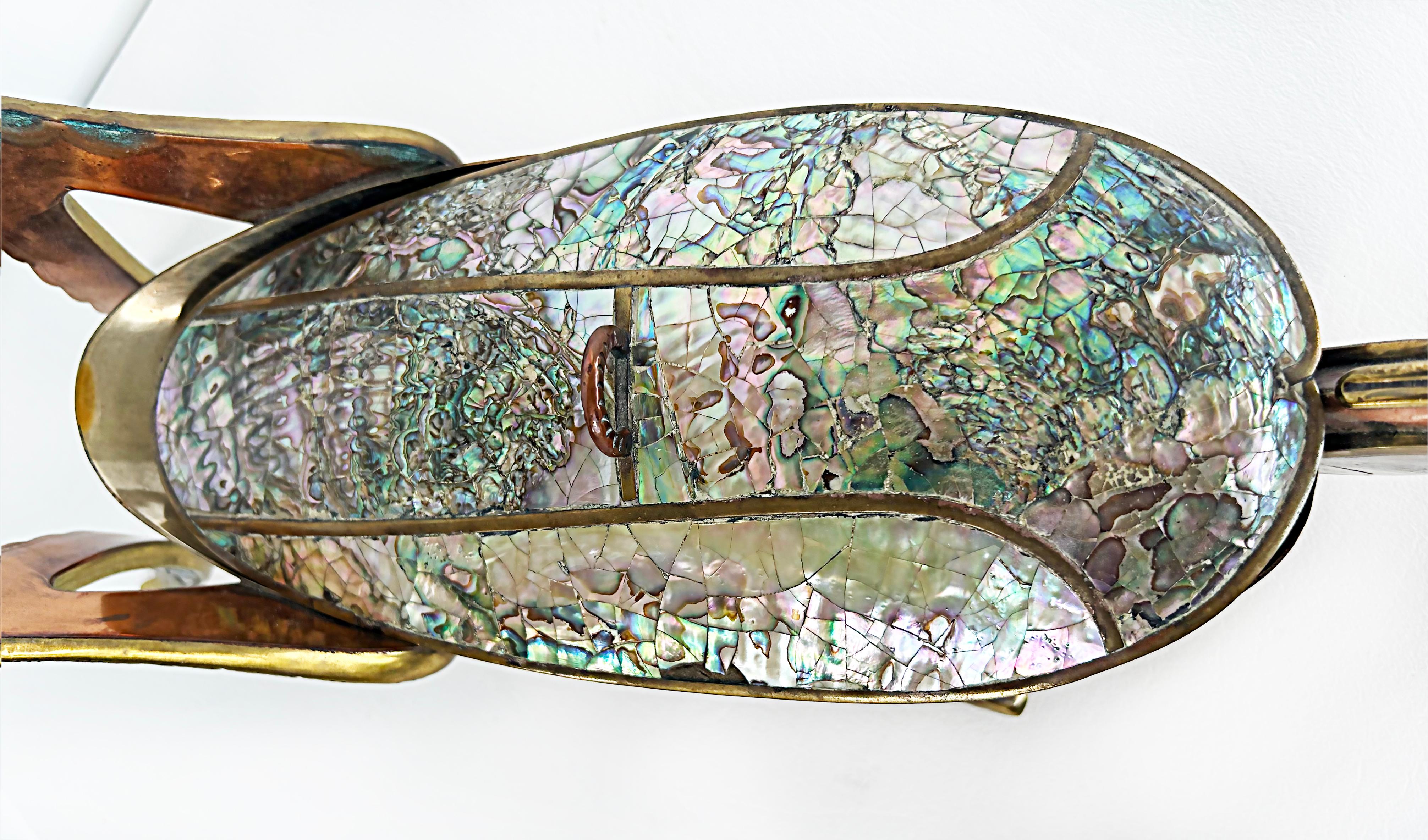 60s Mexican Mid-Century Abalone Shell Grasshopper Tray with Lid, Mixed Metals For Sale 5