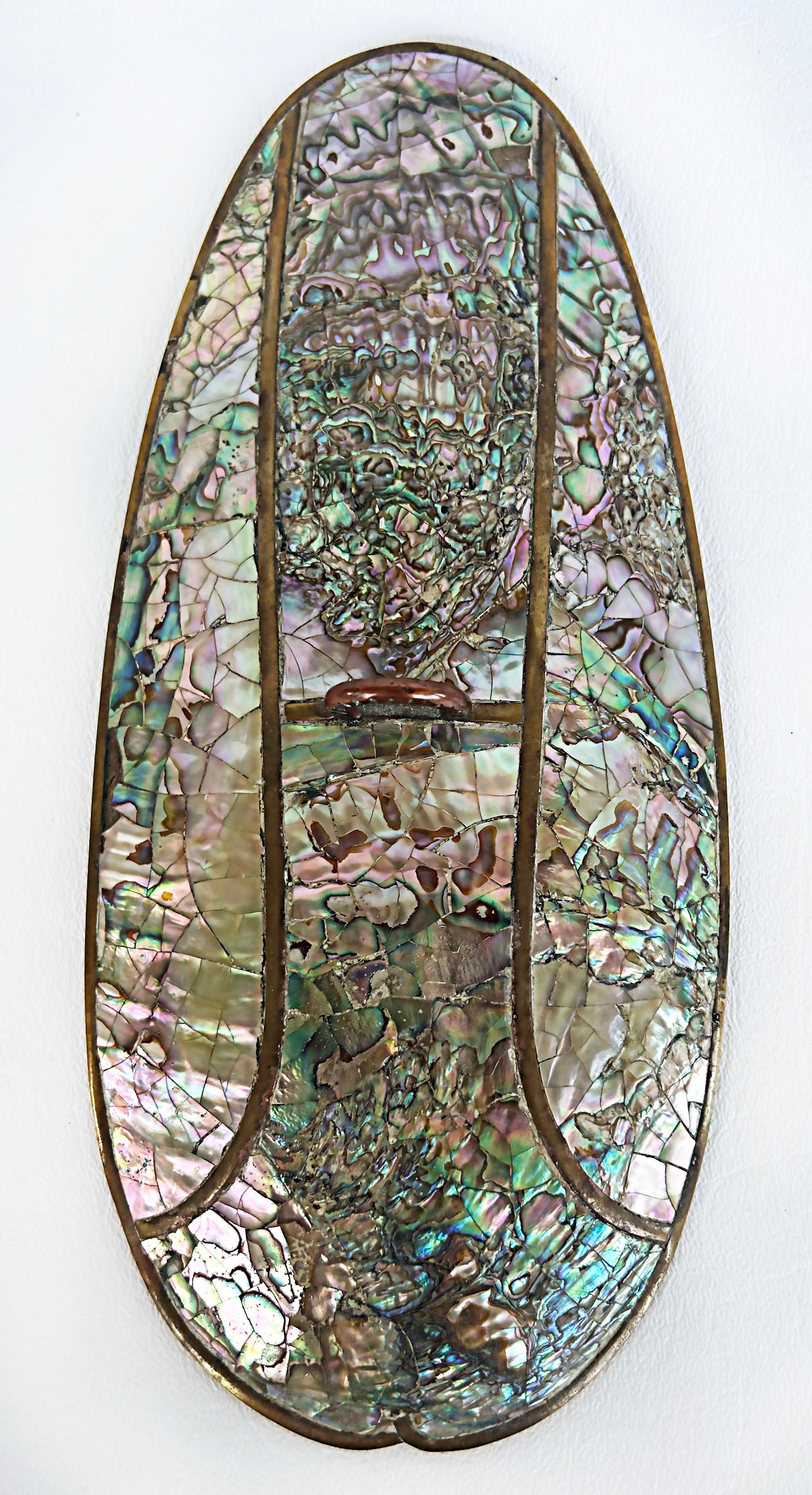 60s Mexican Mid-Century Abalone Shell Grasshopper Tray with Lid, Mixed Metals For Sale 6