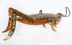 60s Mexican Mid-Century Abalone Shell Grasshopper Tray with Lid, Mixed Metals