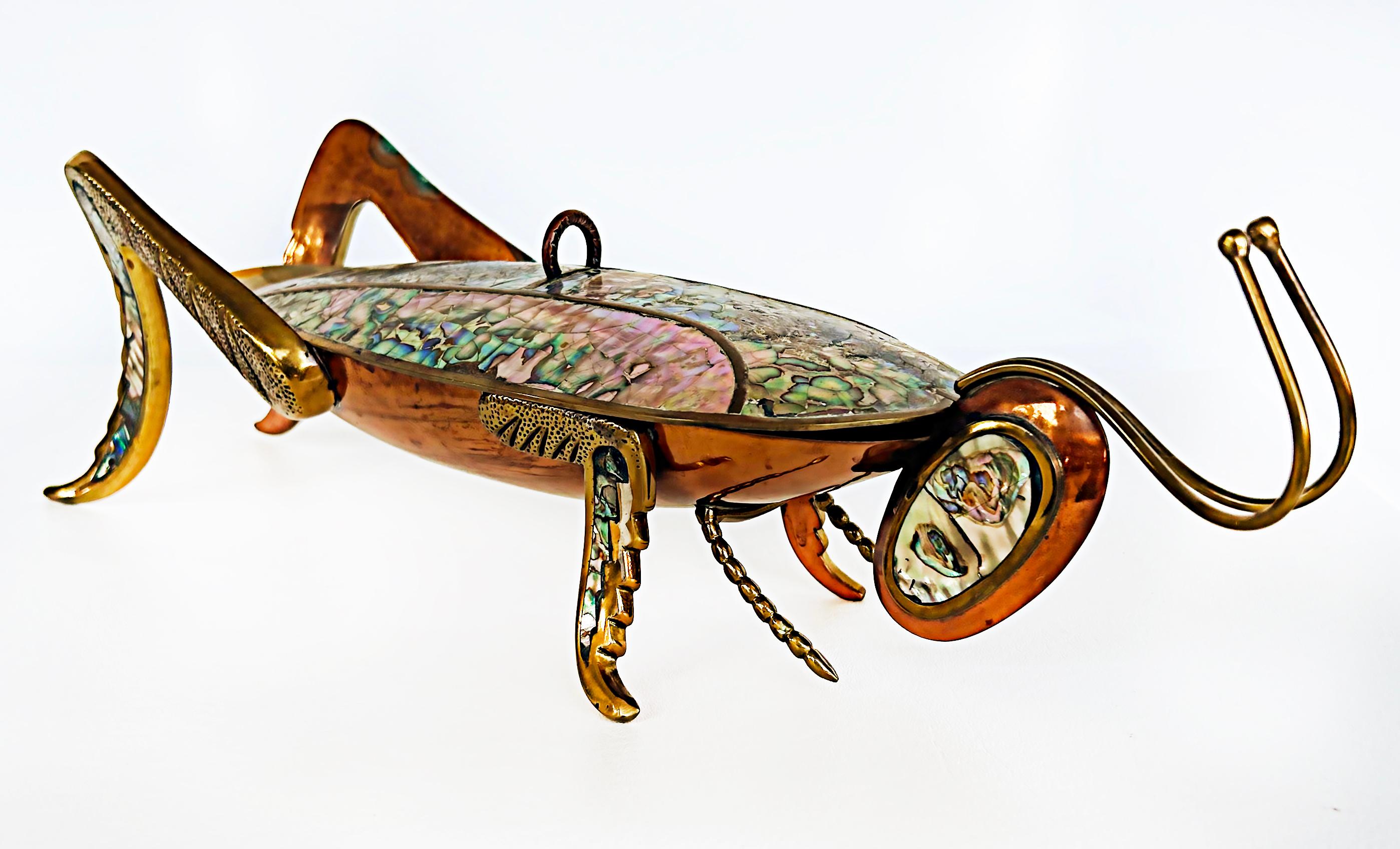 Mid-Century Modern 60s Mexican Mid-Century Abalone Shell Grasshopper Tray with Lid, Mixed Metals For Sale