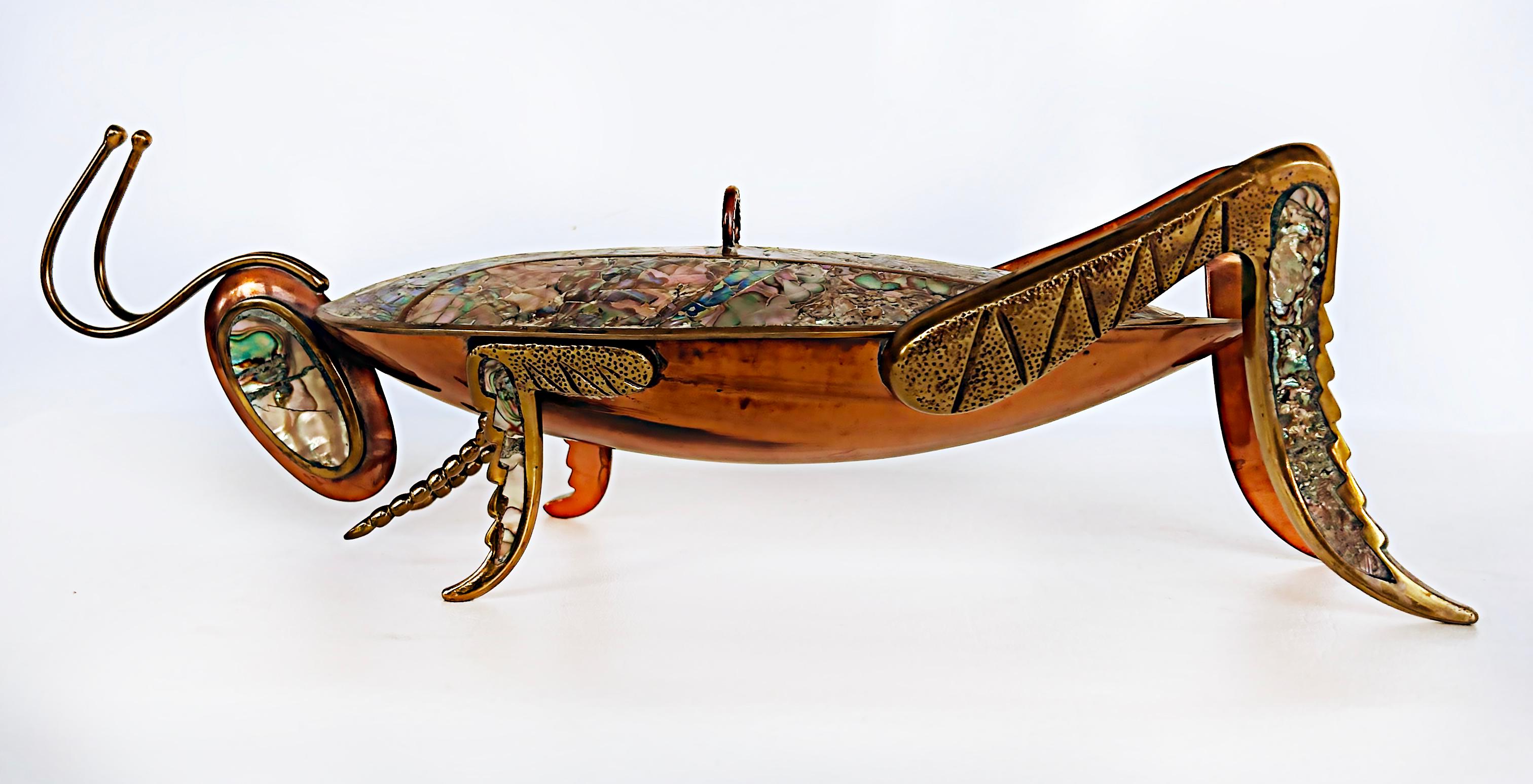 20th Century 60s Mexican Mid-Century Abalone Shell Grasshopper Tray with Lid, Mixed Metals For Sale