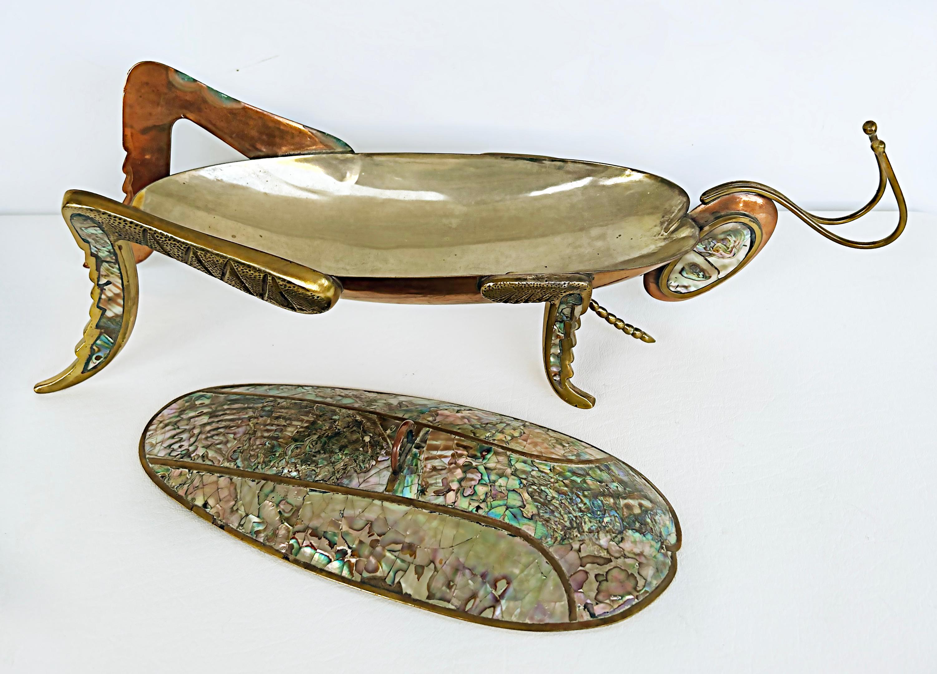 60s Mexican Mid-Century Abalone Shell Grasshopper Tray with Lid, Mixed Metals For Sale 3
