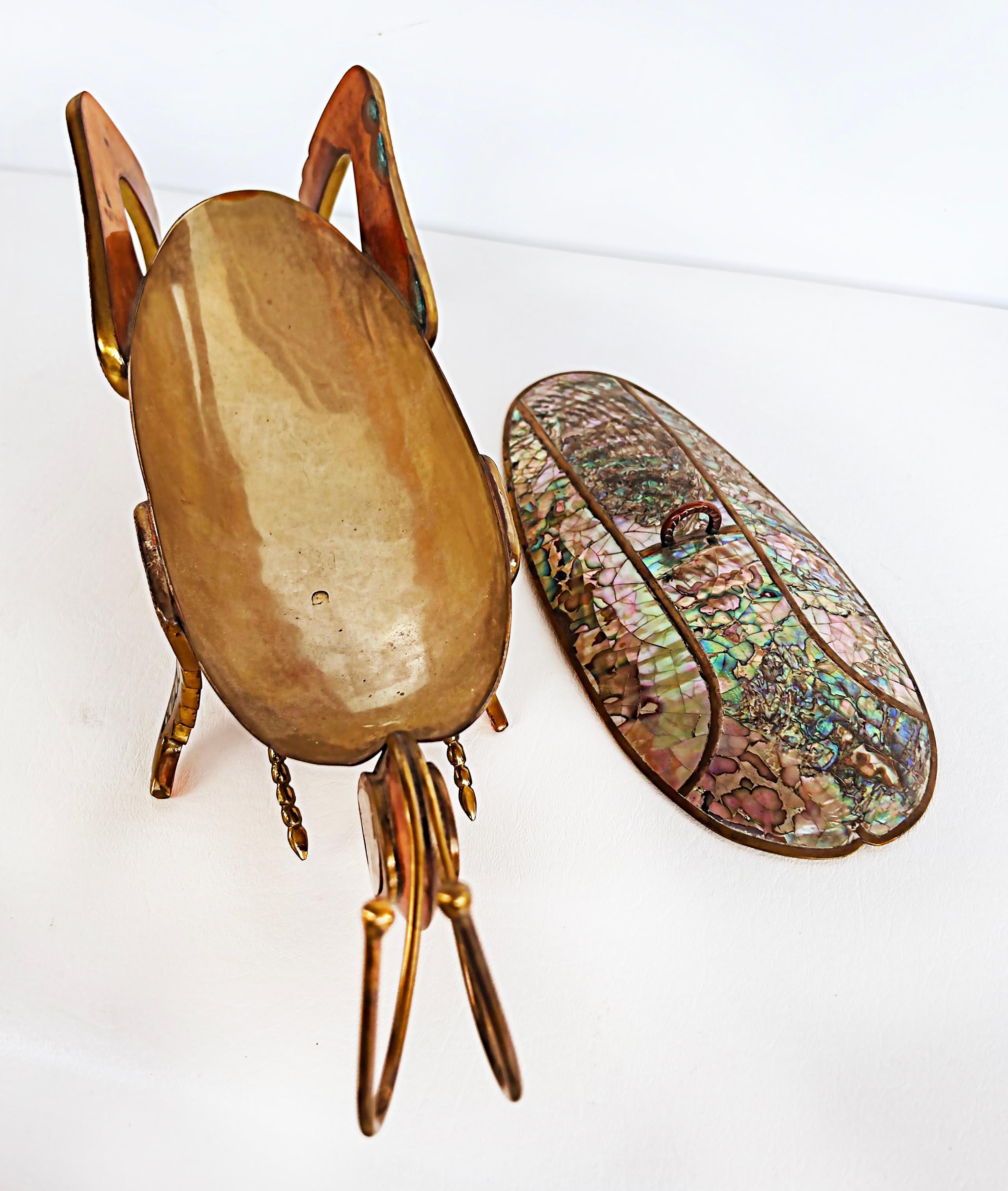 60s Mexican Mid-Century Abalone Shell Grasshopper Tray with Lid, Mixed Metals For Sale 4
