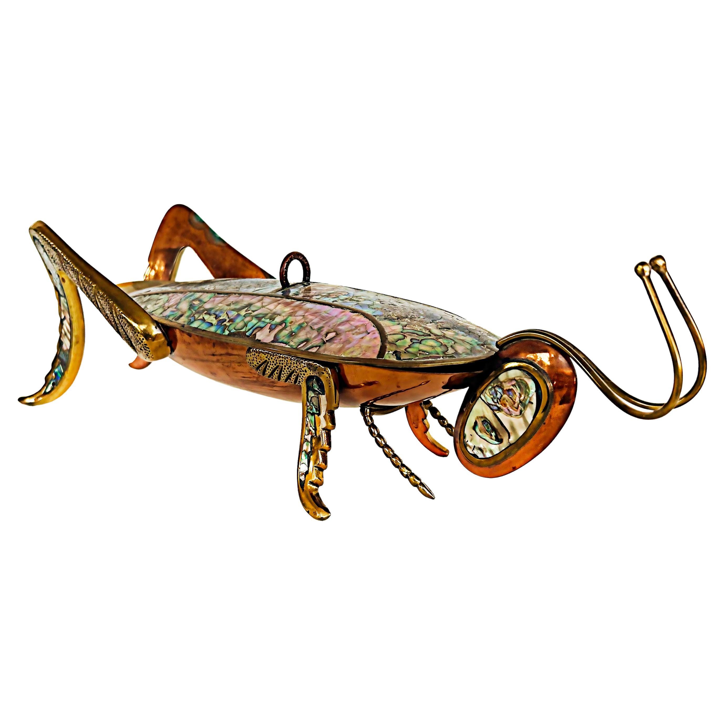 60s Mexican Mid-Century Abalone Shell Grasshopper Tray with Lid, Mixed Metals For Sale
