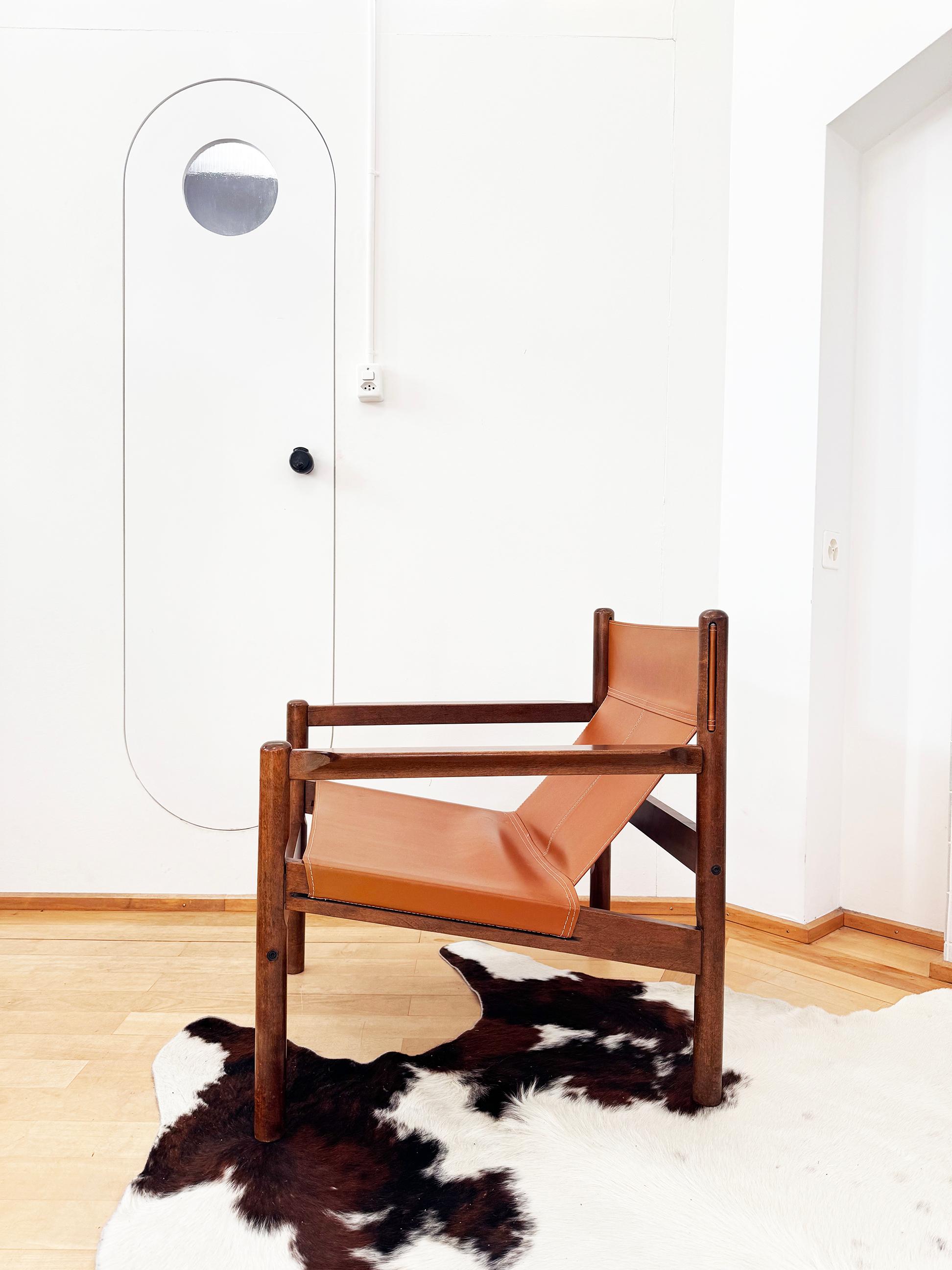 60s Michel Arnoult Brazilian Roxinho Leather + Wood Sling Lounge Chair, EX Cond! in vendita 3