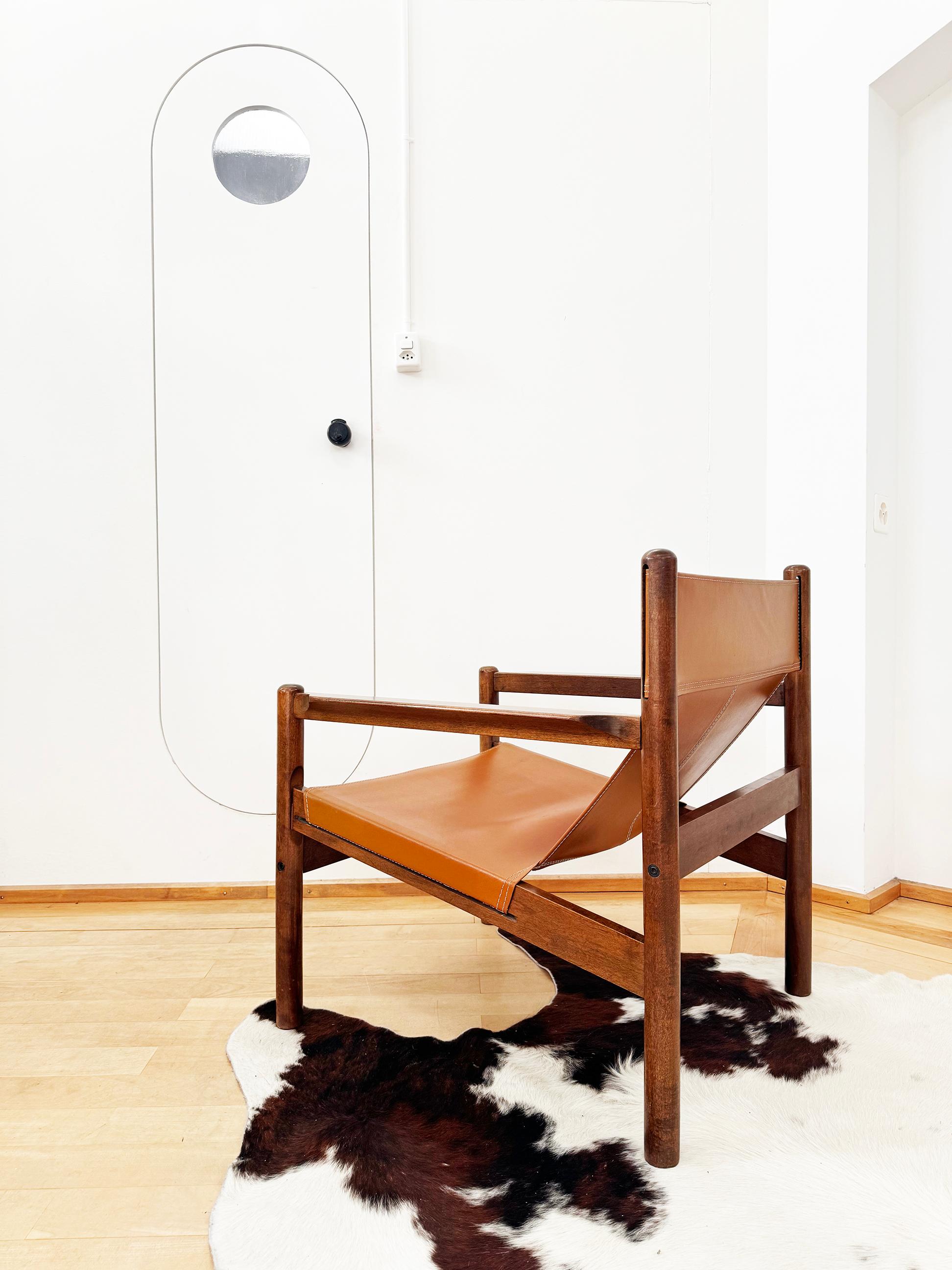 60s Michel Arnoult Brazilian Roxinho Leather + Wood Sling Lounge Chair, EX Cond! in vendita 4