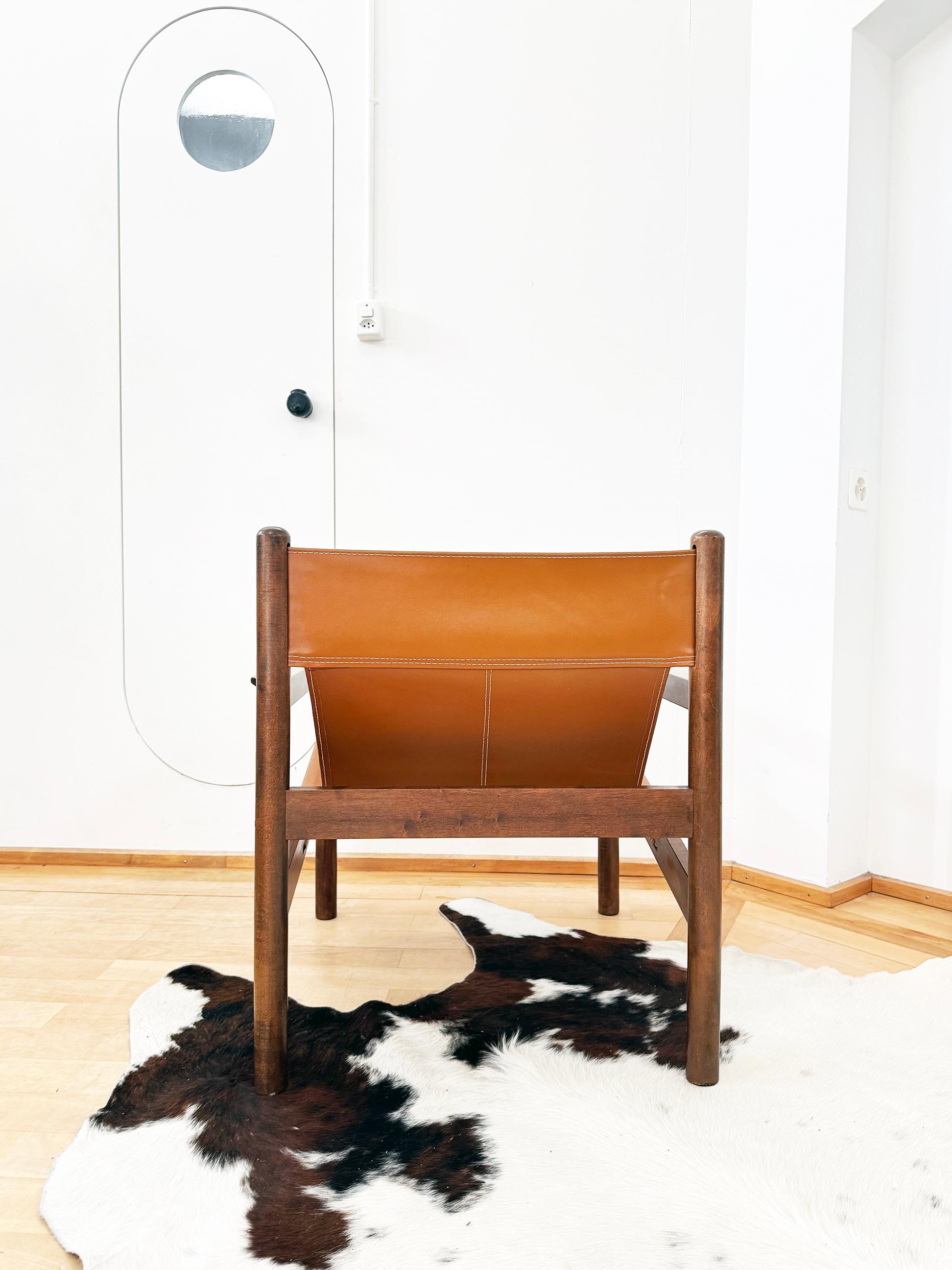 60s Michel Arnoult Brazilian Roxinho Leather + Wood Sling Lounge Chair, EX Cond! in vendita 5