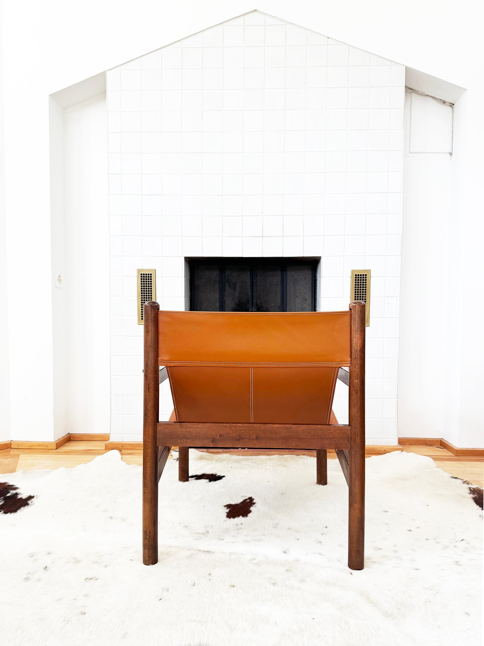 Brasiliano 60s Michel Arnoult Brazilian Roxinho Leather + Wood Sling Lounge Chair, EX Cond! in vendita
