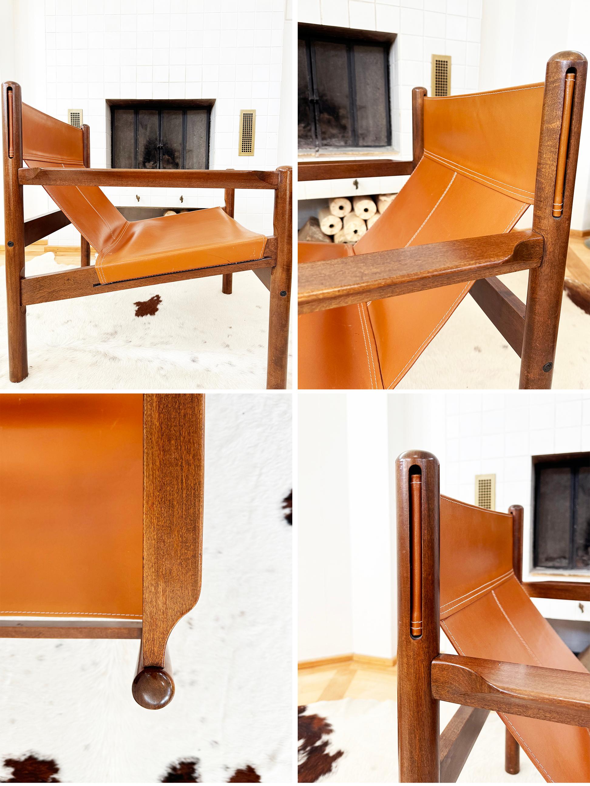 Pelle 60s Michel Arnoult Brazilian Roxinho Leather + Wood Sling Lounge Chair, EX Cond! in vendita