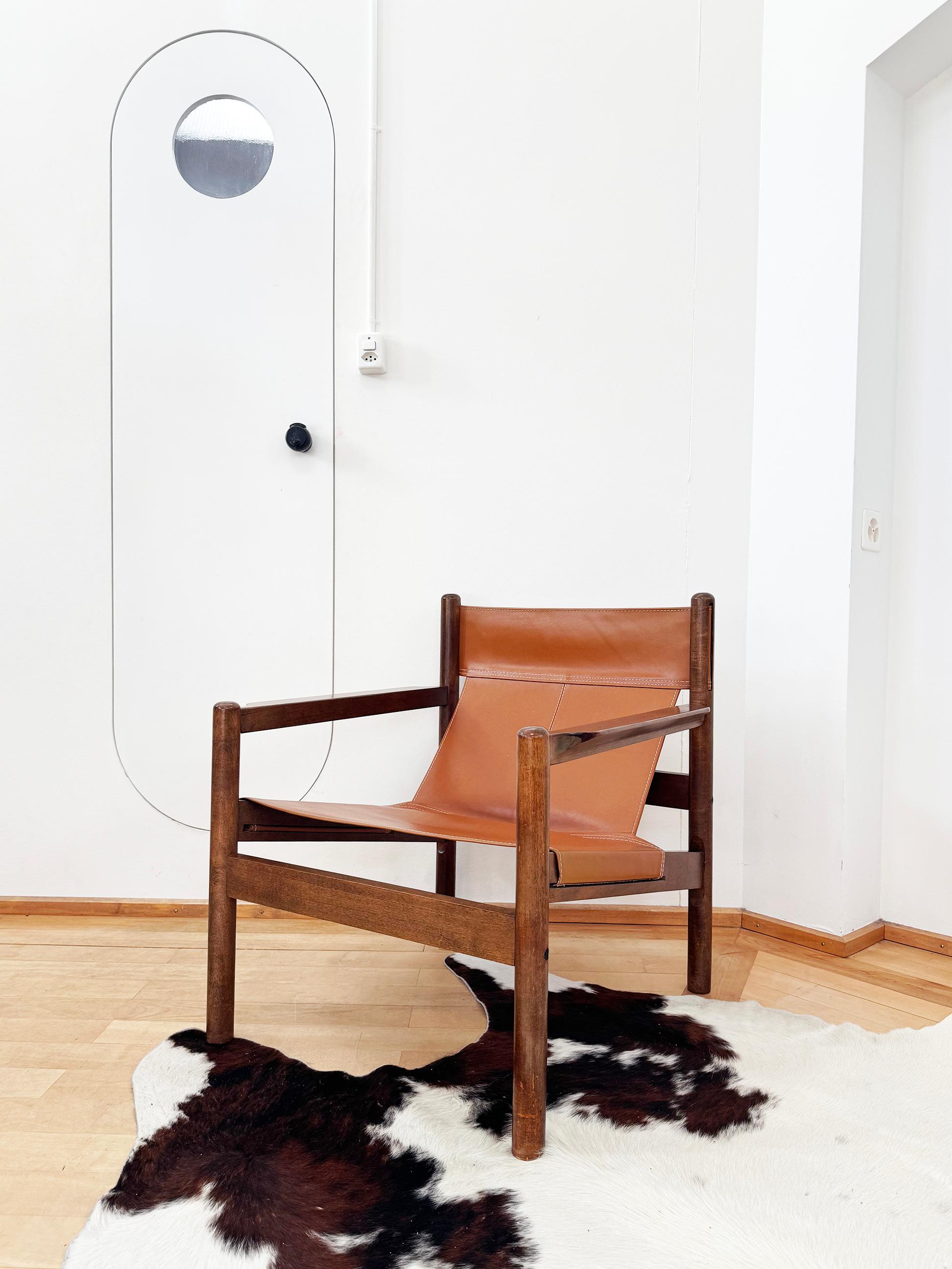 60s Michel Arnoult Brazilian Roxinho Leather + Wood Sling Lounge Chair, EX Cond! in vendita 2