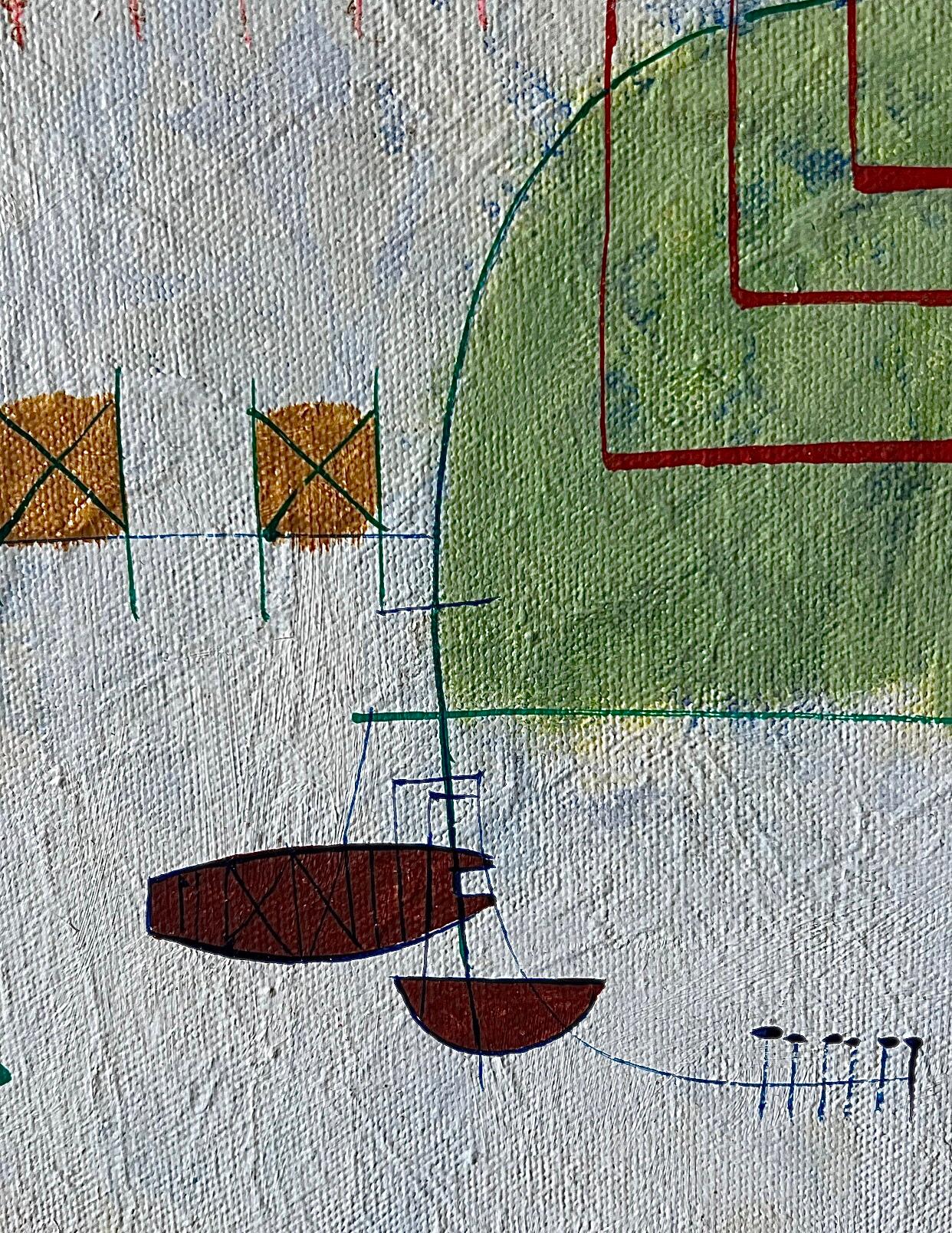 Abstrakte Stadtlandschaft, Heshi Yu, Naive Chinese Modernist, Gemälde O/C, Mitte des Jahrhunderts, 60er Jahre im Angebot 3