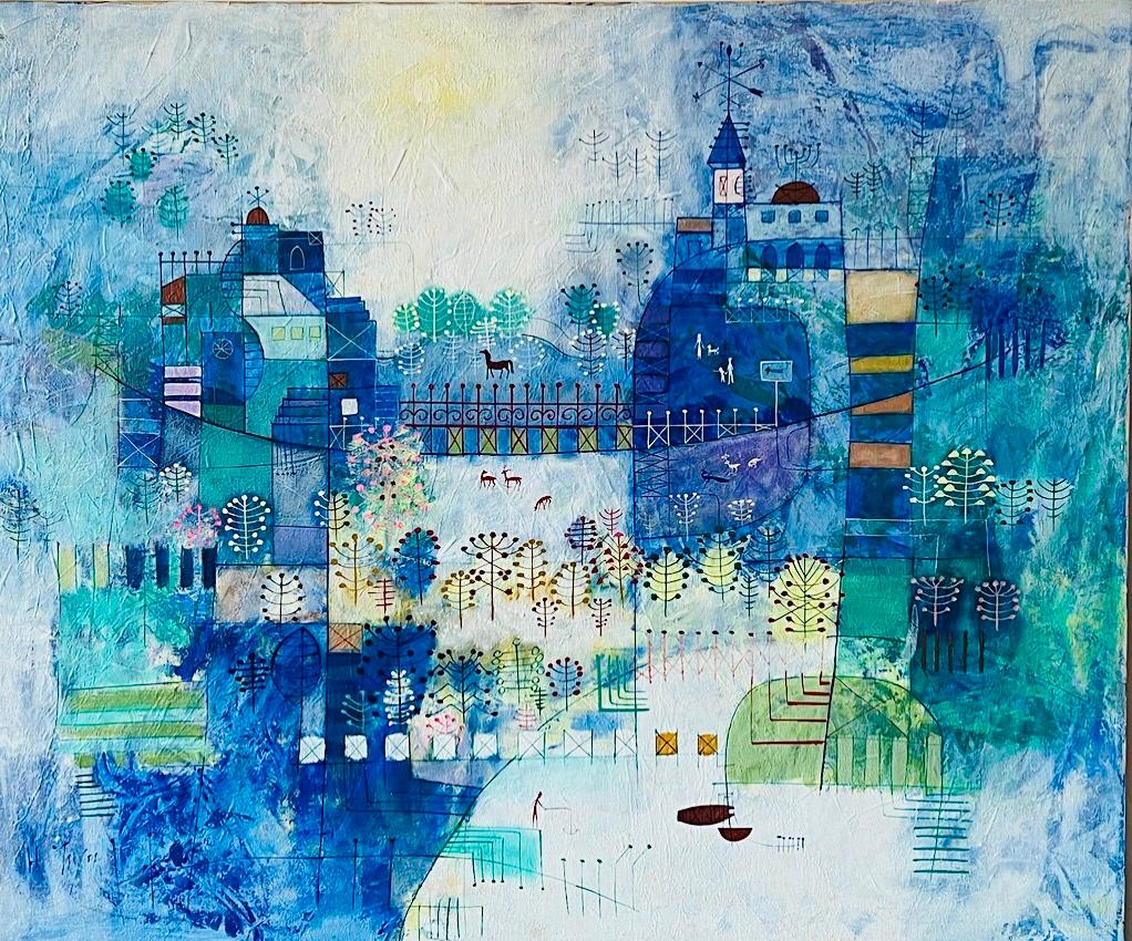Abstrakte Stadtlandschaft, Heshi Yu, Naive Chinese Modernist, Gemälde O/C, Mitte des Jahrhunderts, 60er Jahre (Moderne der Mitte des Jahrhunderts) im Angebot