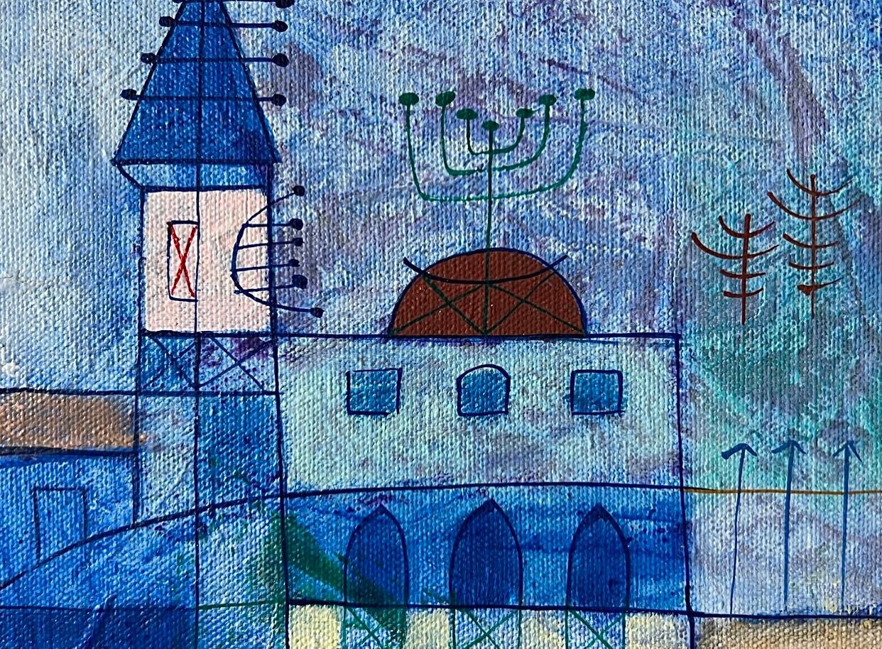 Abstrakte Stadtlandschaft, Heshi Yu, Naive Chinese Modernist, Gemälde O/C, Mitte des Jahrhunderts, 60er Jahre (Taiwanesisch) im Angebot