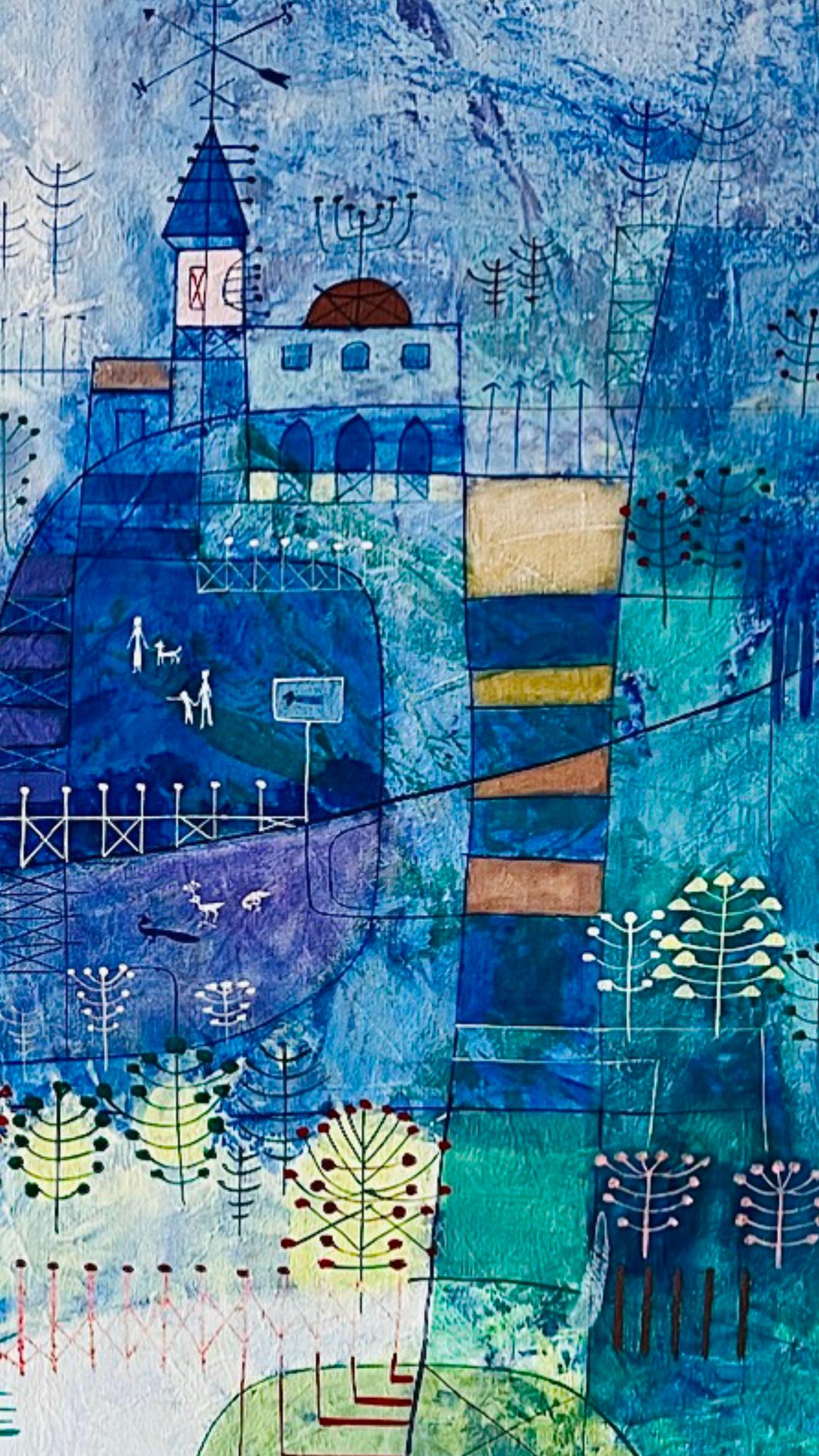 Abstrakte Stadtlandschaft, Heshi Yu, Naive Chinese Modernist, Gemälde O/C, Mitte des Jahrhunderts, 60er Jahre (Handbemalt) im Angebot