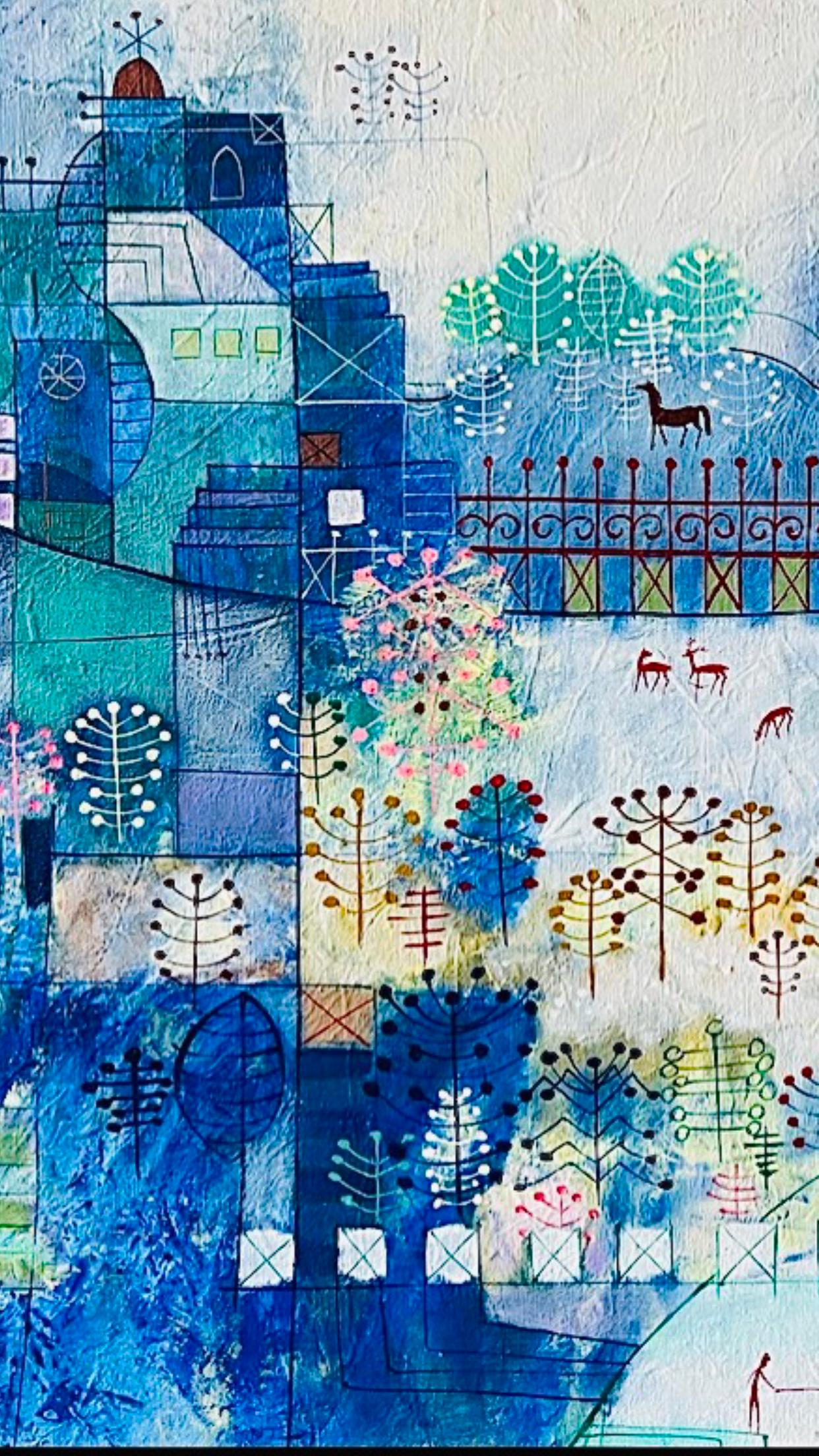 Abstrakte Stadtlandschaft, Heshi Yu, Naive Chinese Modernist, Gemälde O/C, Mitte des Jahrhunderts, 60er Jahre im Zustand „Gut“ im Angebot in St.Petersburg, FL