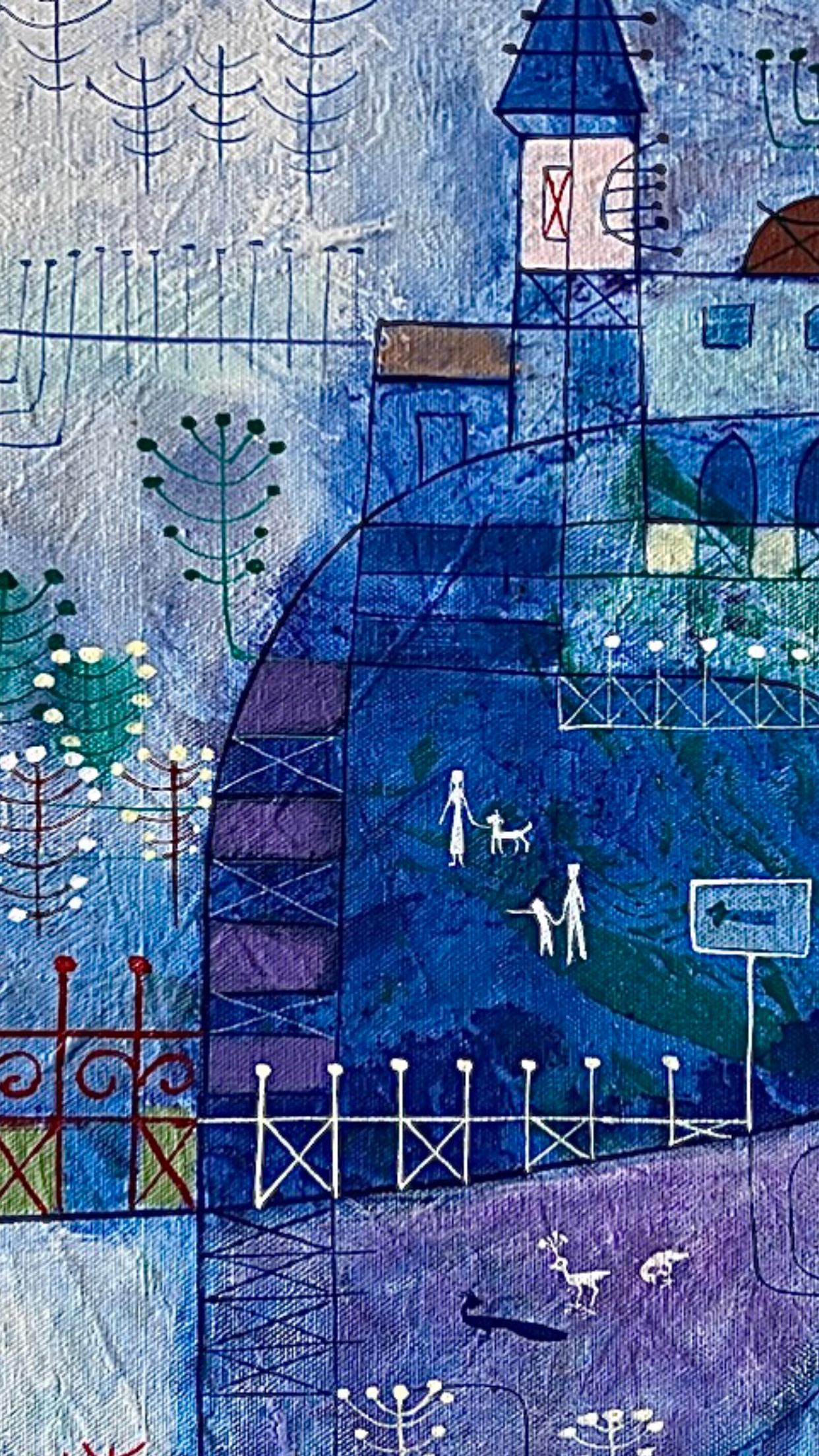 Abstrakte Stadtlandschaft, Heshi Yu, Naive Chinese Modernist, Gemälde O/C, Mitte des Jahrhunderts, 60er Jahre (20. Jahrhundert) im Angebot