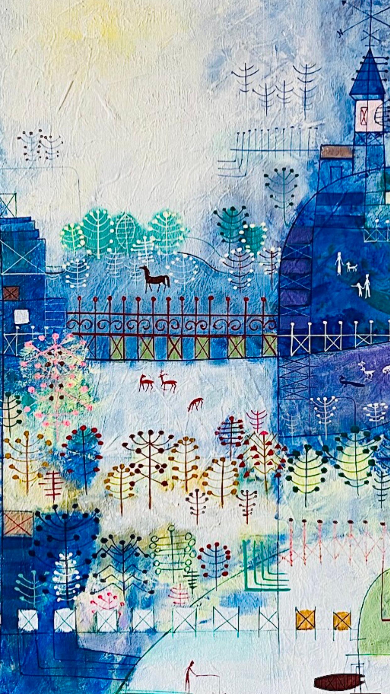 Abstrakte Stadtlandschaft, Heshi Yu, Naive Chinese Modernist, Gemälde O/C, Mitte des Jahrhunderts, 60er Jahre (Leinwand) im Angebot
