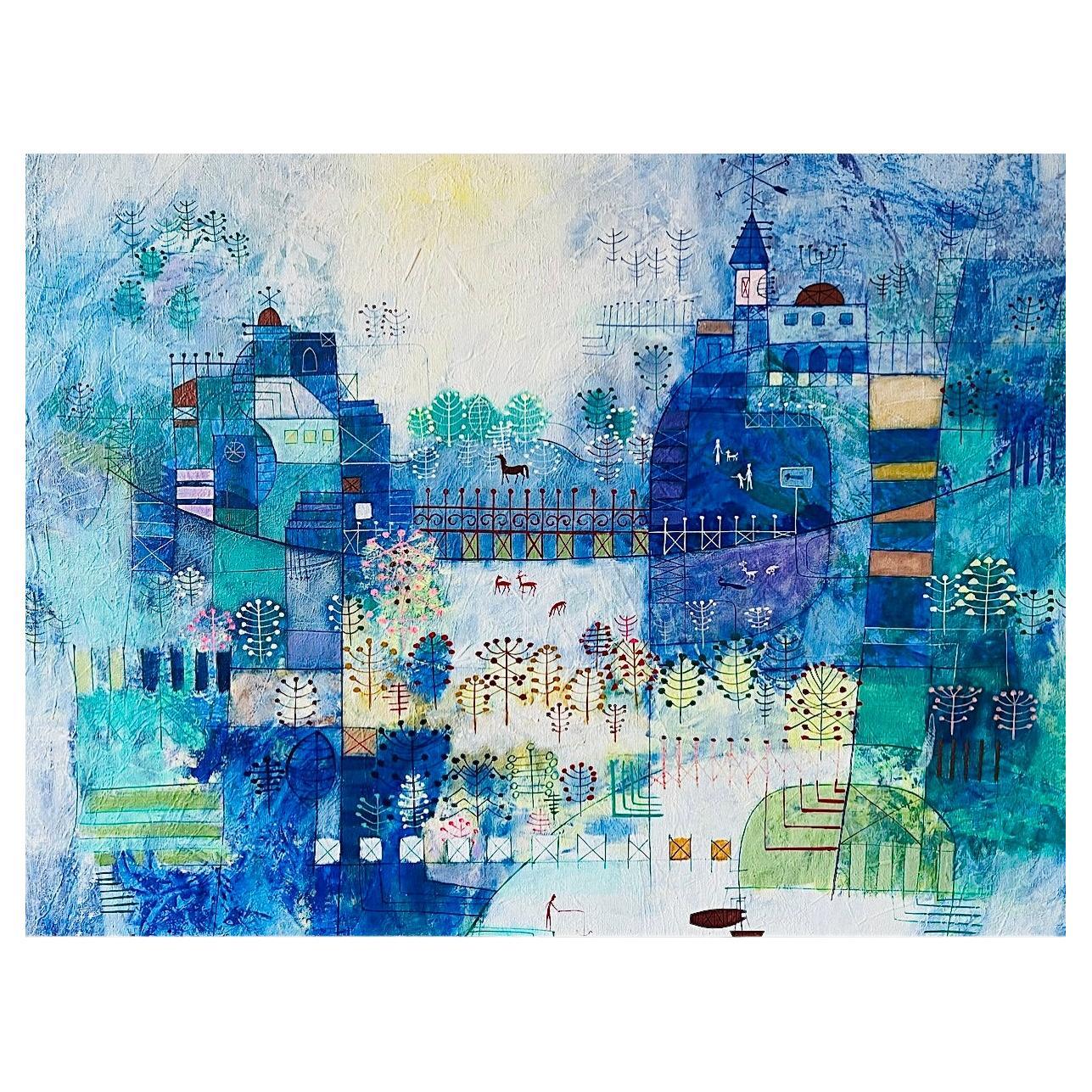 60s Mid Century Heshi Yu Abstract Cityscape Naive Chinese Modernist Painting O/C