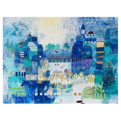60s Mid Century Heshi Yu Abstract Cityscape Naive Chinese Modernist Painting O/C